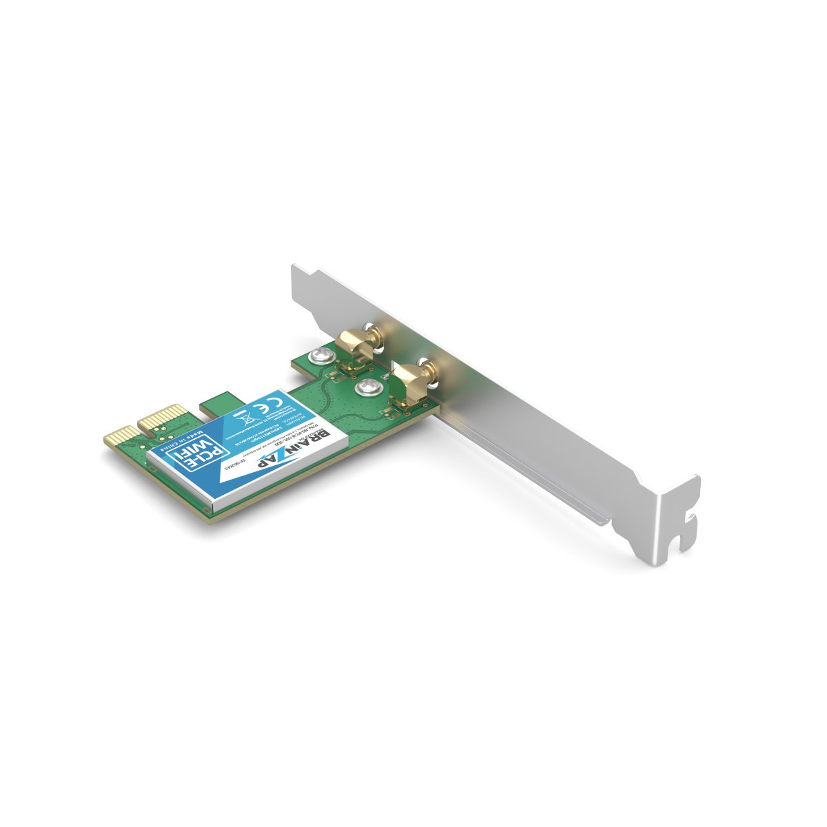 Grüne PCIe-WLAN-Karte mit blauer Kennzeichnung und silbernem Montageblech vor weißem Hintergrund.