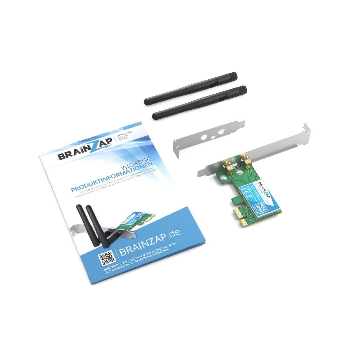 WLAN-PCIe-Karte, zwei Antennen, zwei Blenden und eine Informationsbroschüre auf weißem Hintergrund.