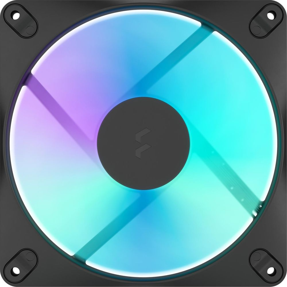 Ein Computergebläse mit schwarzem Rahmen und einer leuchtenden LED-Hintergrundbeleuchtung in Blau und Violett.