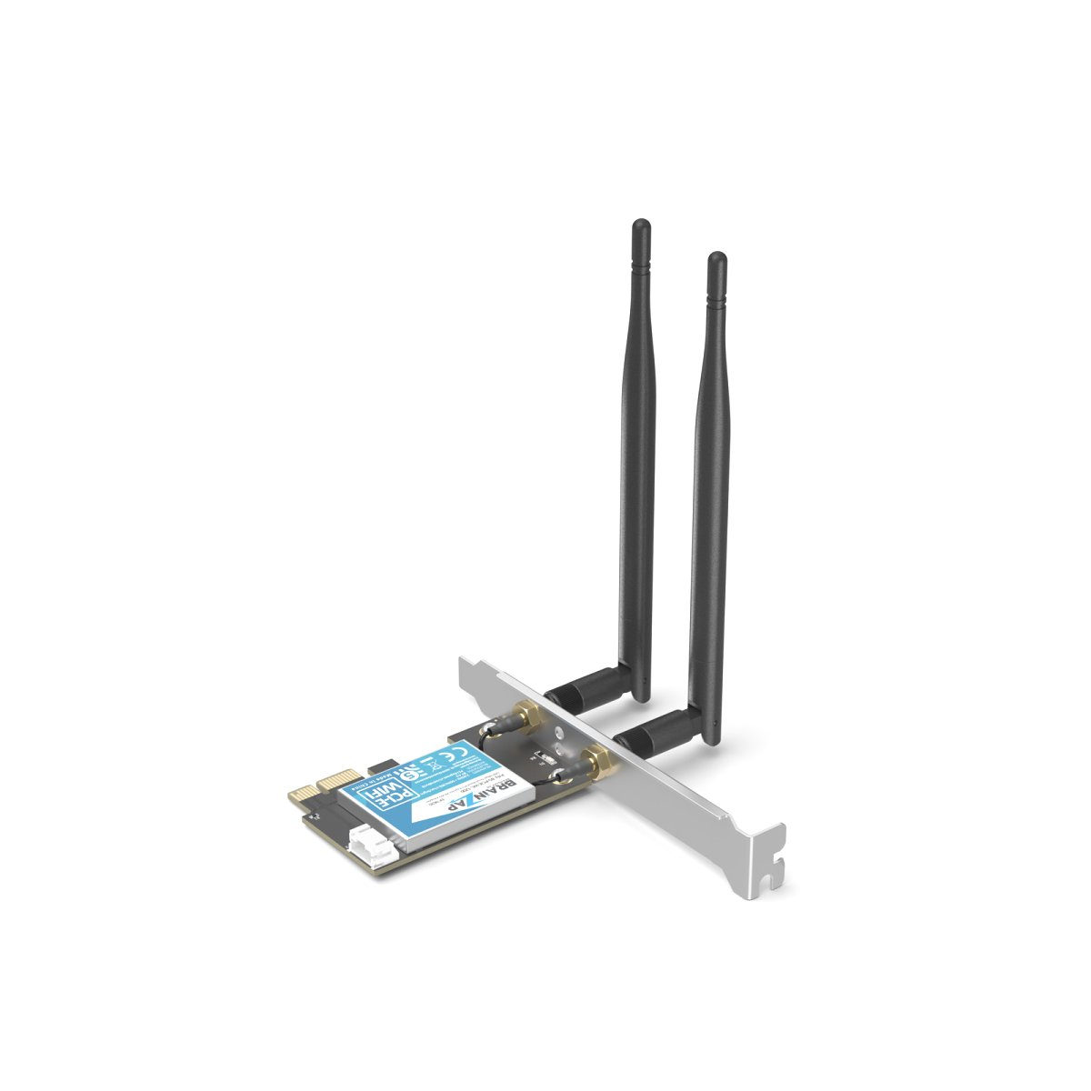 Eine PCIe-WLAN-Netzwerkkarte mit zwei schwarzen Antennen und einer blauen Aufschrift auf weißem Hintergrund.