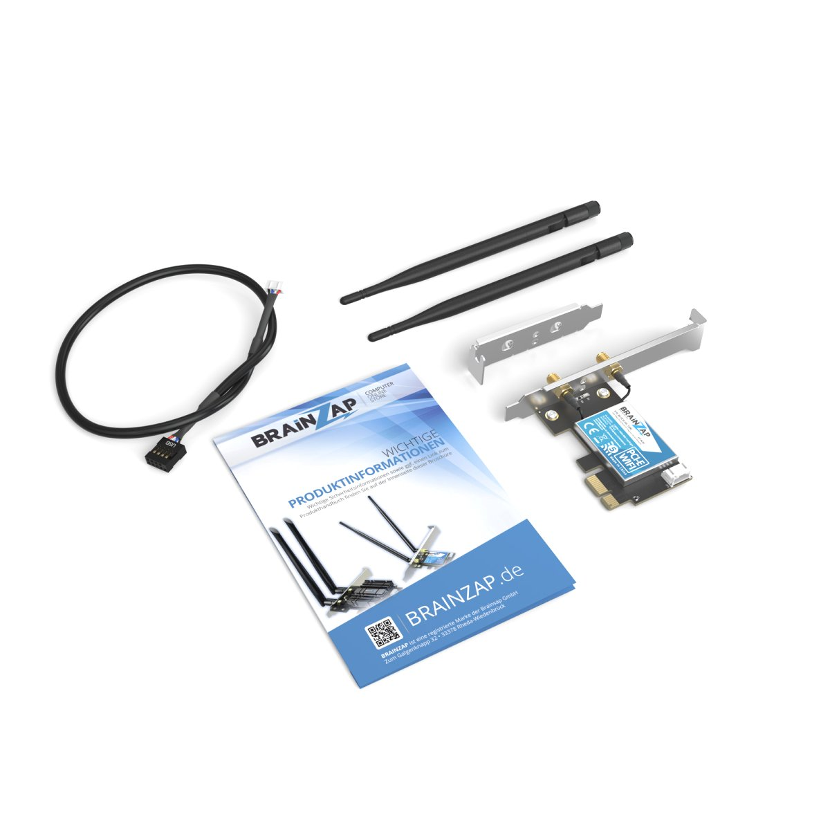 PCIe-WLAN-Karte, zwei Antennen, Kabel, Brackets und Handbuch auf weißem Grund.