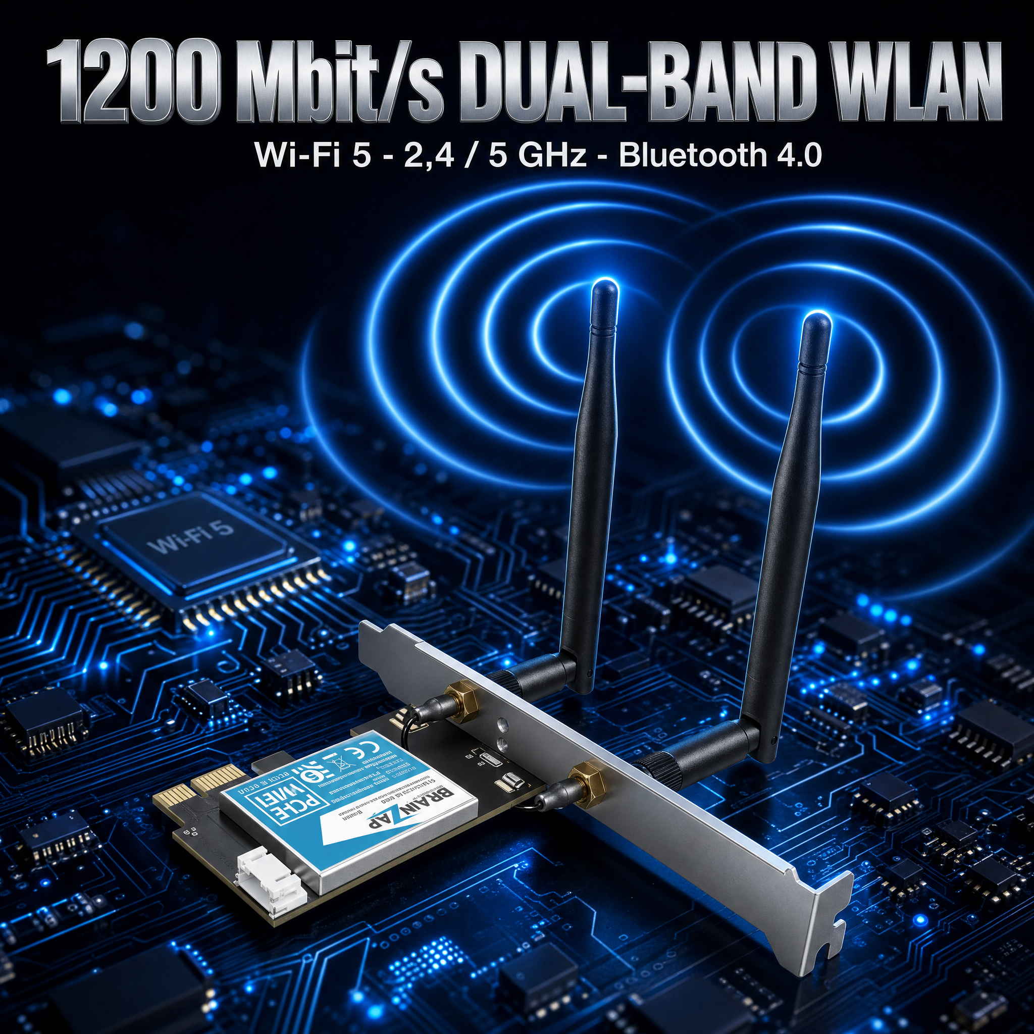WLAN-PCIe-Karte mit zwei Antennen und blauen Funkwellen auf einer Computerplatinenhintergrund.