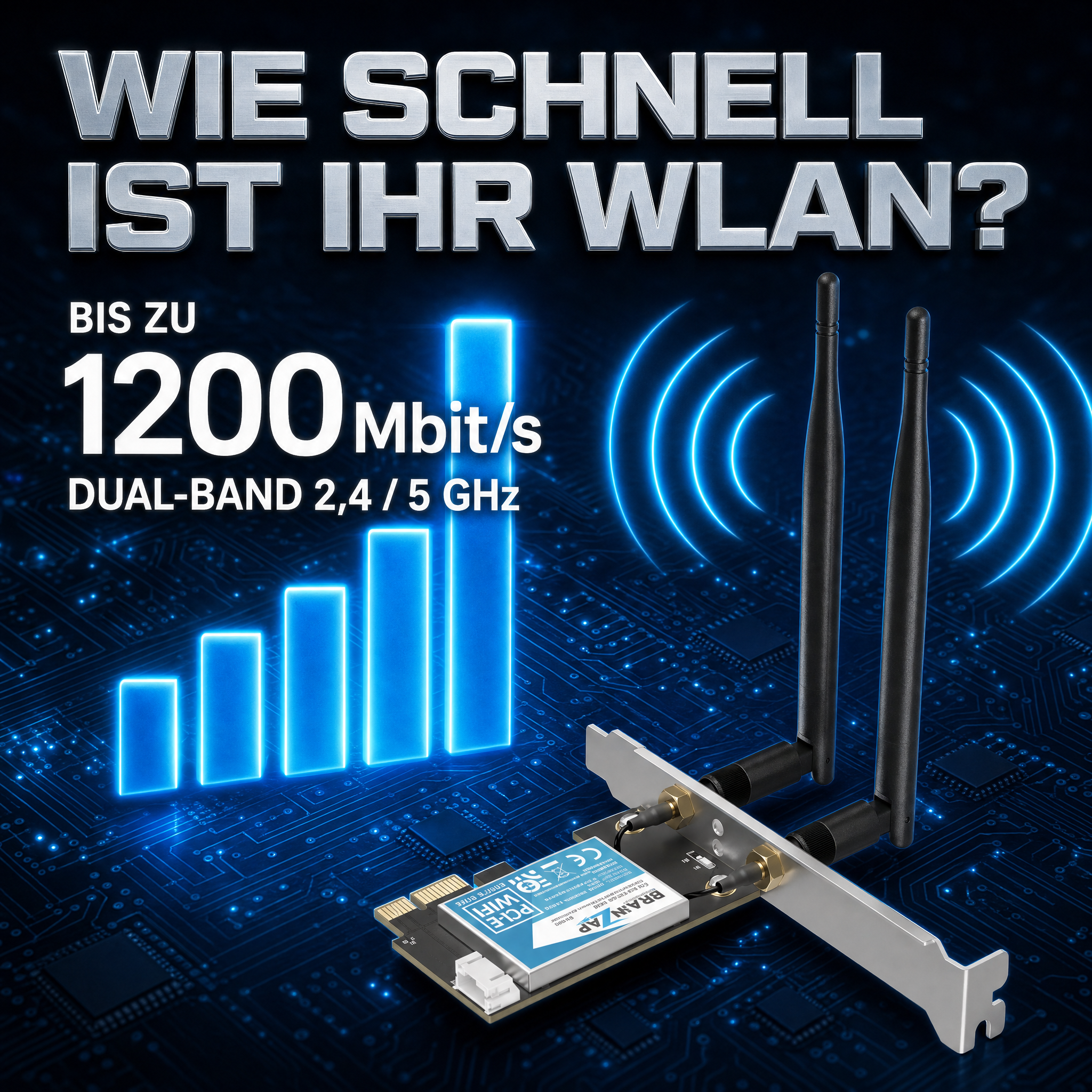 WLAN-Karte mit zwei Antennen vor blauem Hintergrund, Text wirbt für Geschwindigkeiten bis 1200 Mbit/s.