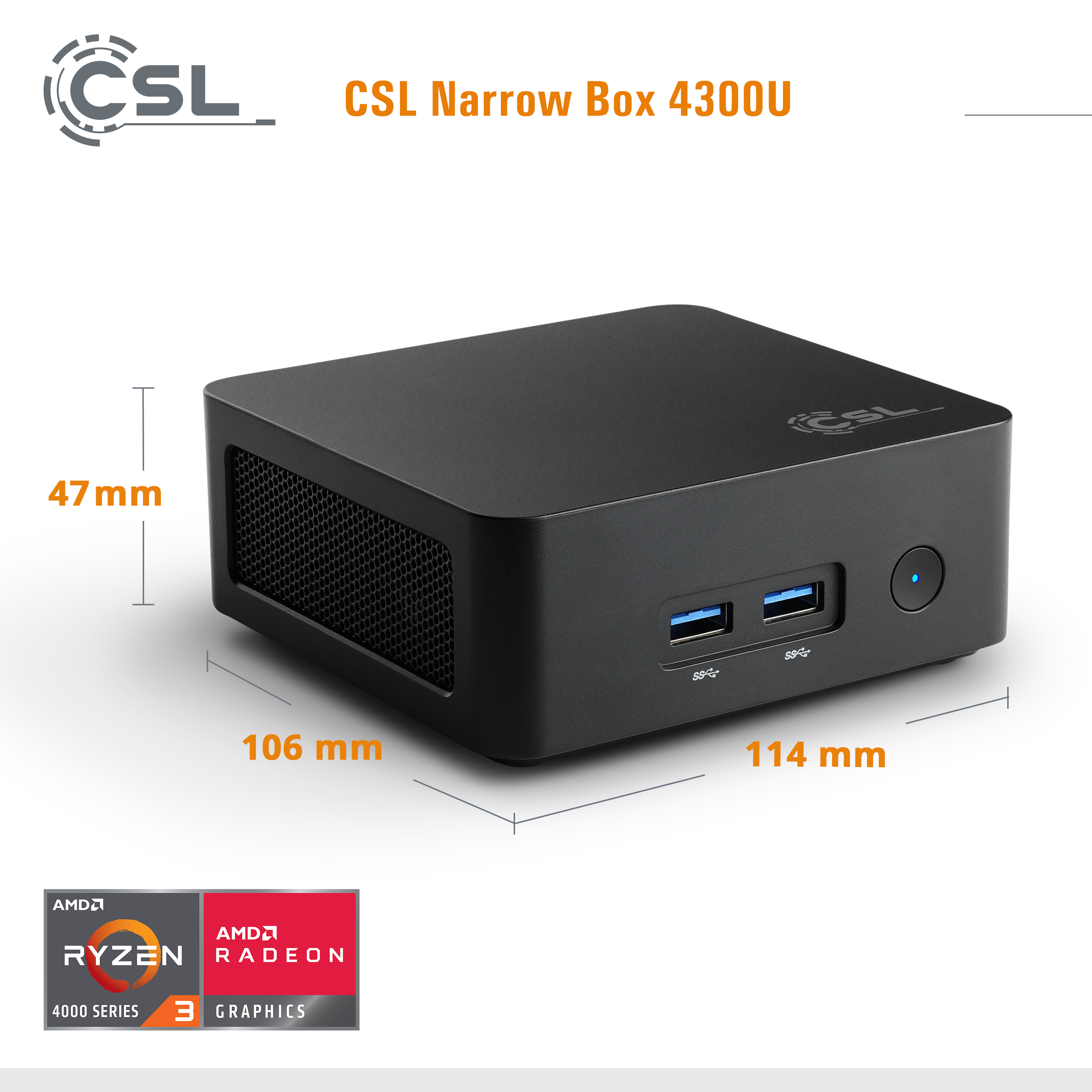 CSL Narrow Box 4300U Mini-PC in Schwarz mit Maßangaben und AMD Ryzen Logo auf weißem Hintergrund.