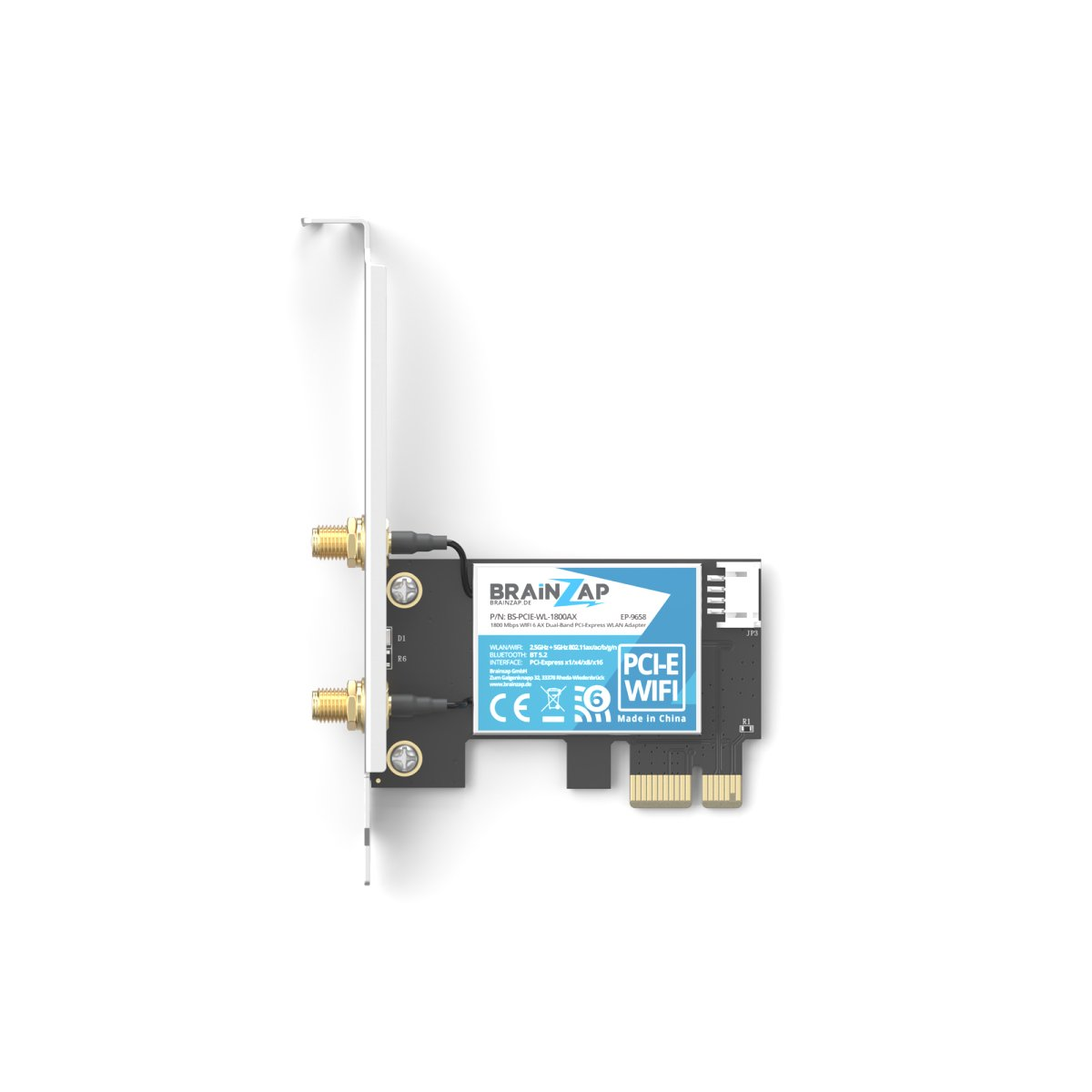 Eine PCI-E WLAN-Karte mit zwei Antennenanschlüssen und blauer Aufschrift auf schwarzem PCB.