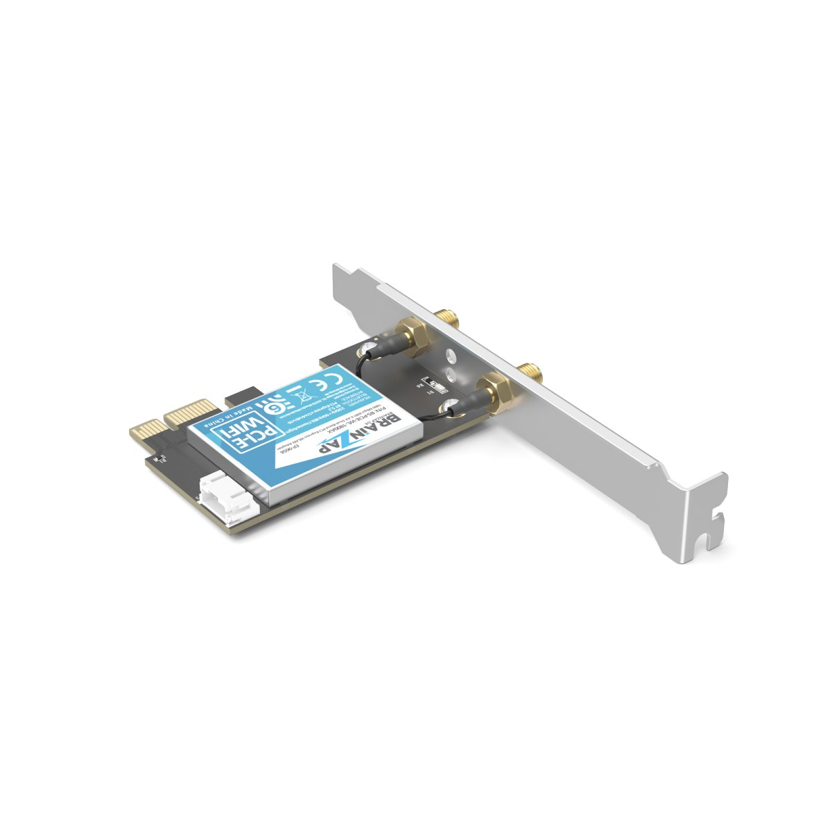 Eine schwarze PCIe-WLAN-Karte mit blauen Aufklebern, Antennenanschlüssen und einer silbernen Halterung auf weißem Grund.