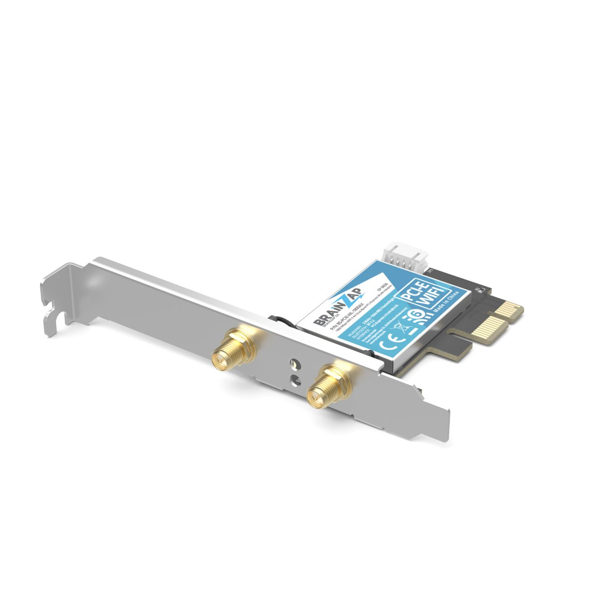 PCIe-WLAN-Karte mit zwei goldenen Antennenanschlüssen und blauer Beschriftung auf einem weißen Hintergrund.