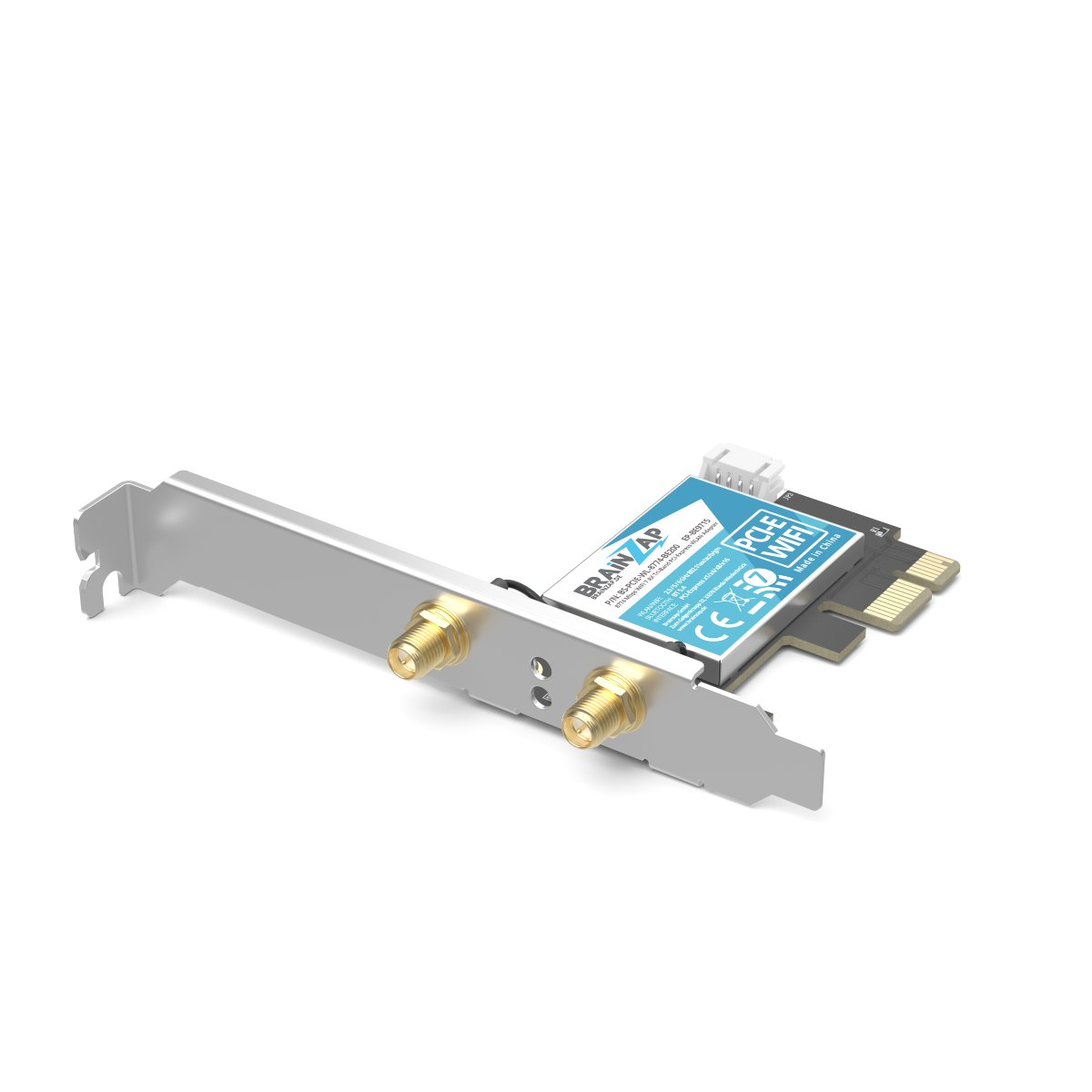 Eine schwarz-silberne PCIe Wi-Fi 7-Netzwerkkarte mit goldenen Antennenanschlüssen an der Halterung.