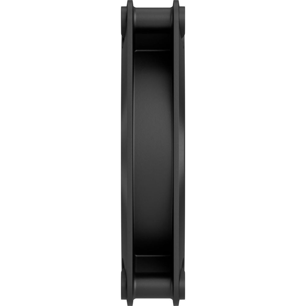 Eine Seitenansicht eines schwarzen PC-Lüfters vor einem weißen Hintergrund.