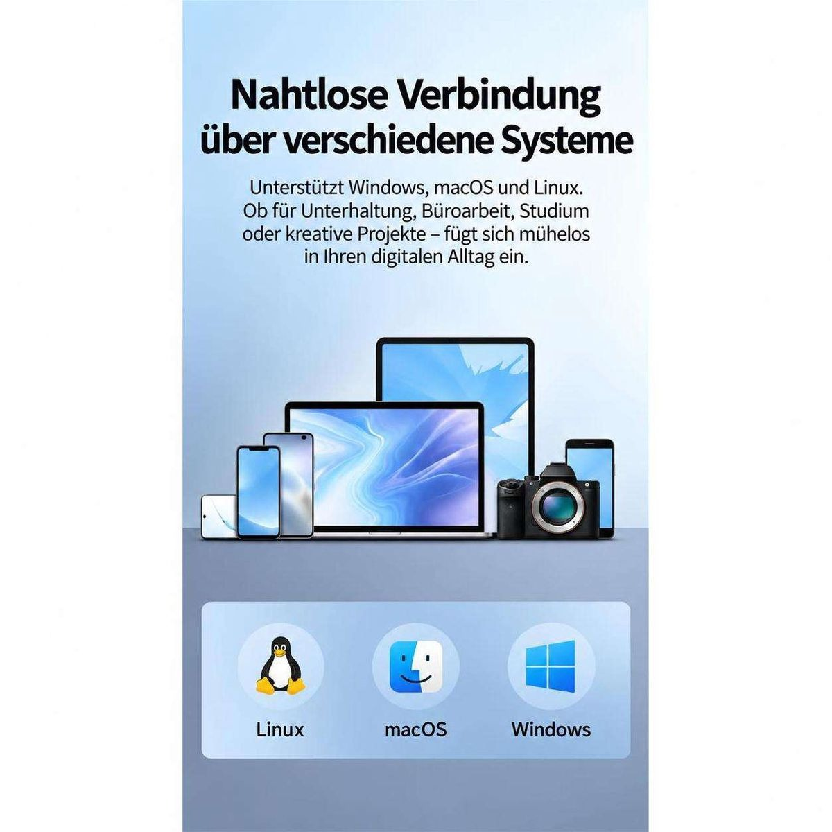 Geräteübergreifende Kompatibilität mit Smartphones, Tablets, Laptops und einer Kamera, unterstützt Linux, macOS und Windows.