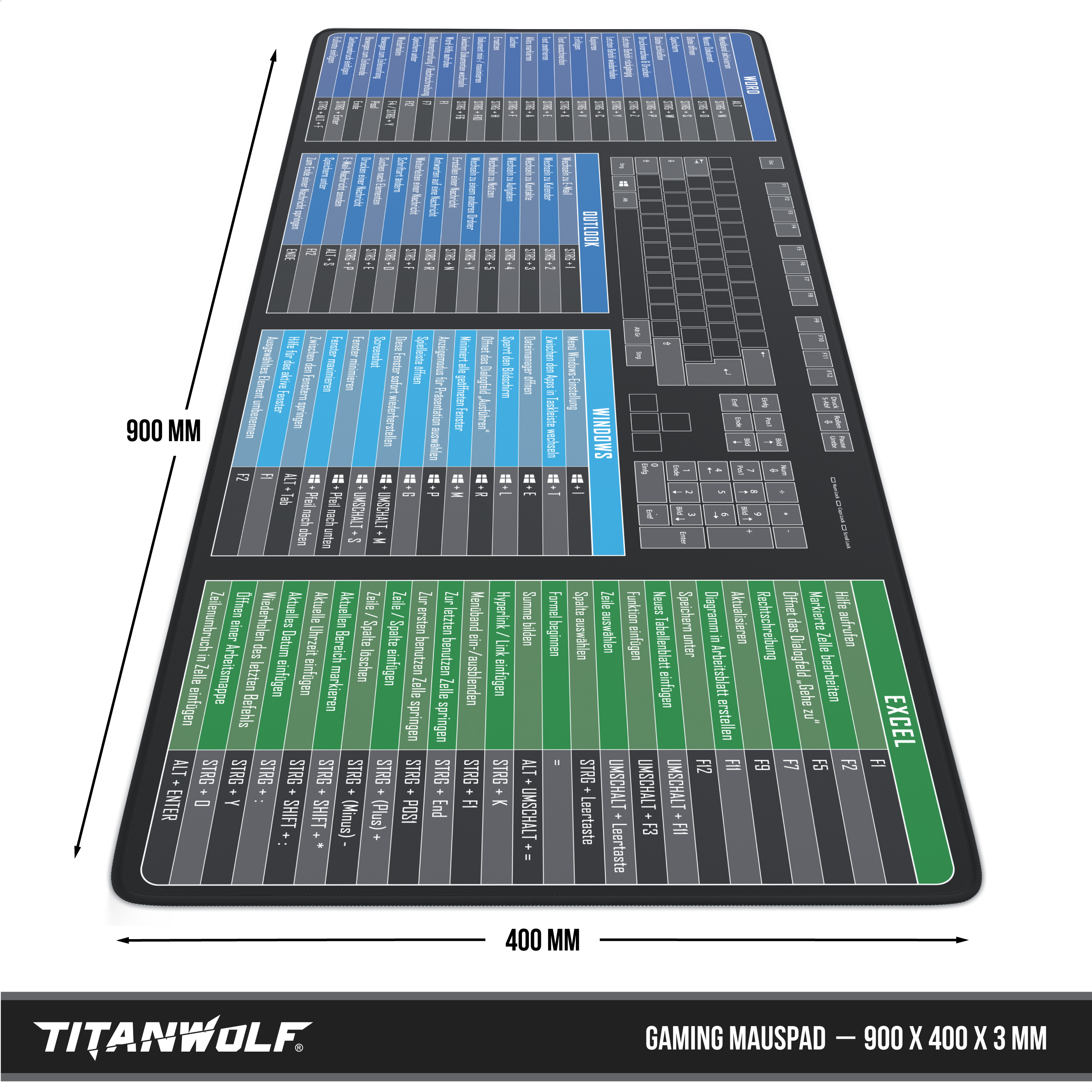 Ein schwarzes Titanwolf Gaming-Mauspad mit deutschen Tastenkombinationen für Word, Outlook, Windows und Excel.