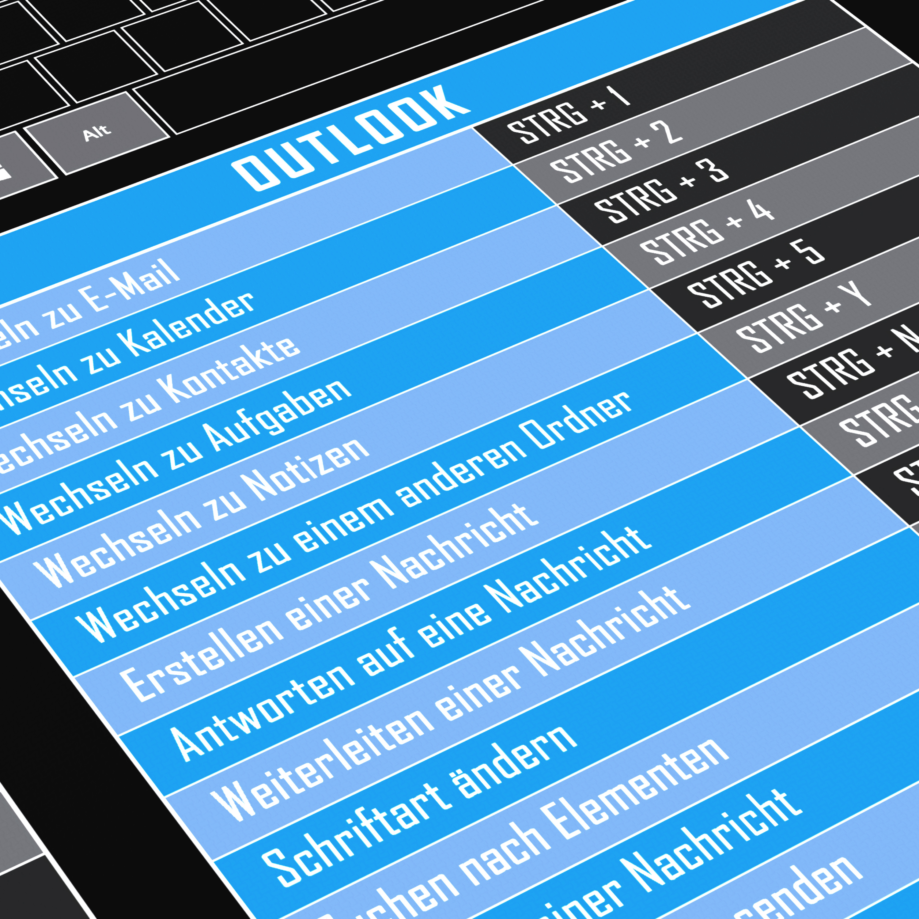 Outlook-Tastenkombinationen auf blauen und schwarzen Leisten.