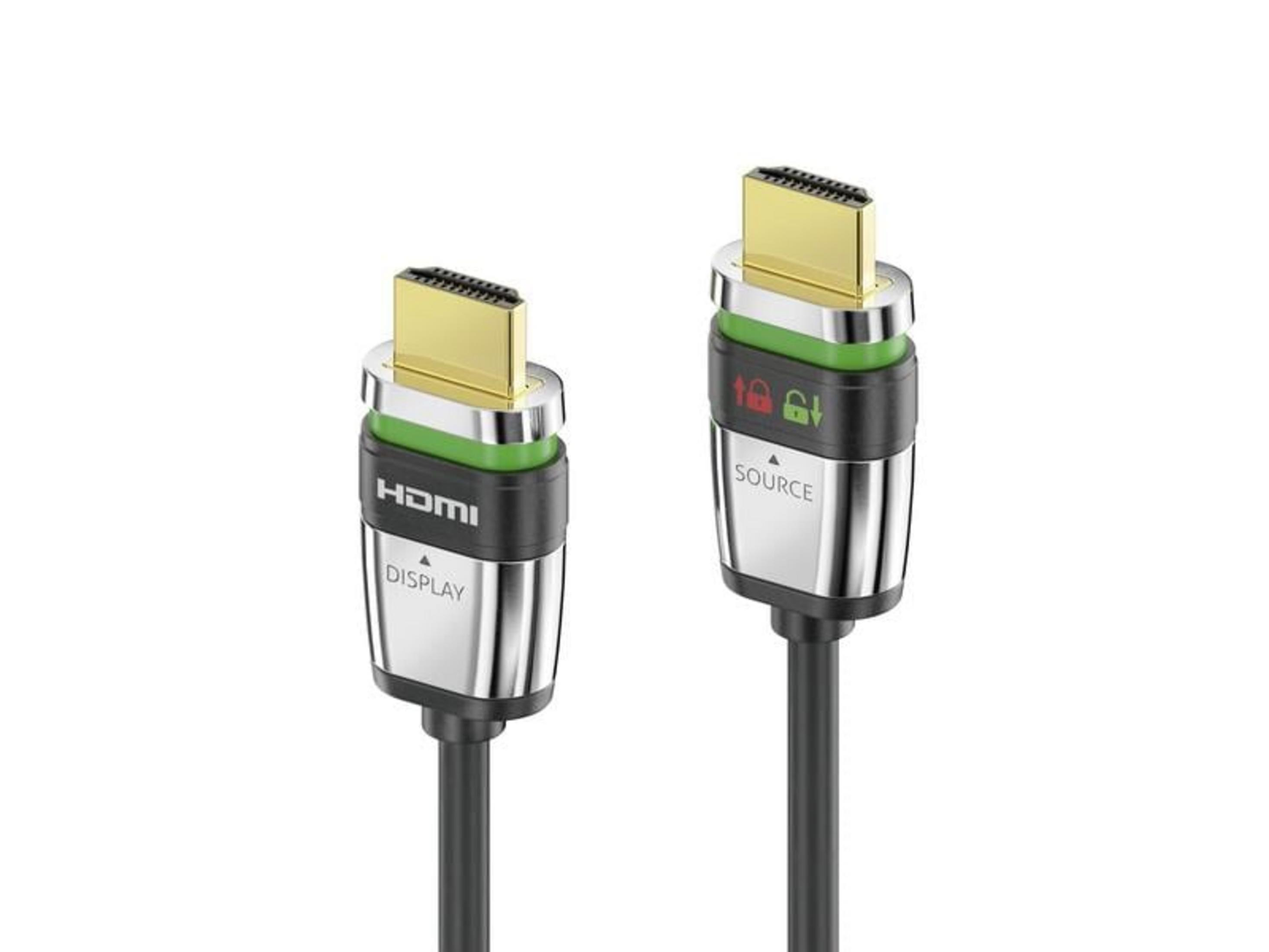 Zwei HDMI-Kabel mit vergoldeten Steckern und Metallgehäusen; eines mit "DISPLAY"- und das andere mit "SOURCE"-Beschriftung.