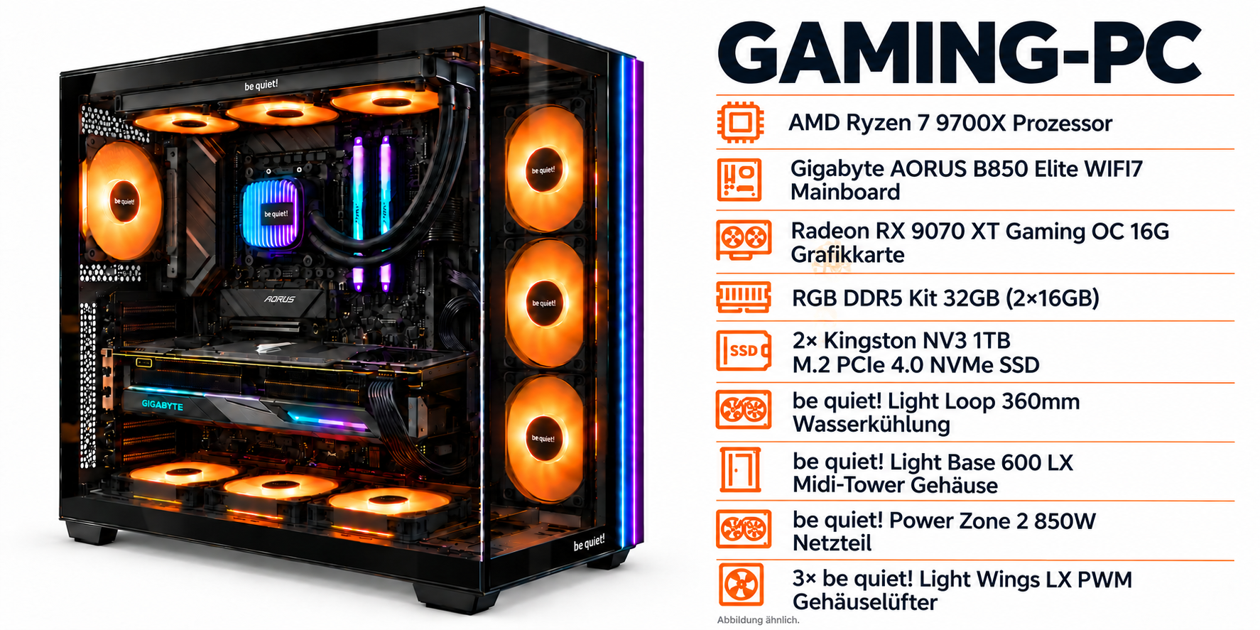 Gaming-PC mit orange leuchtenden Lüftern und technischer Komponentenliste daneben.
