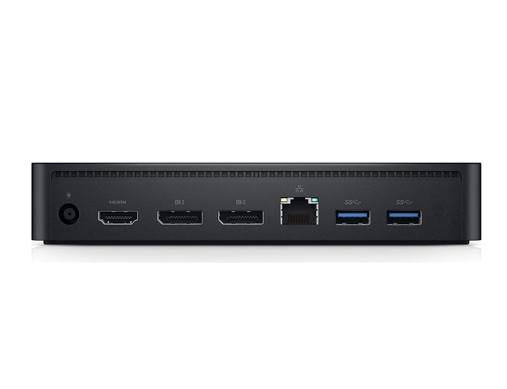 Rückseite einer schwarzen Dockingstation mit HDMI-, DisplayPort-, Ethernet- und USB-Anschlüssen.