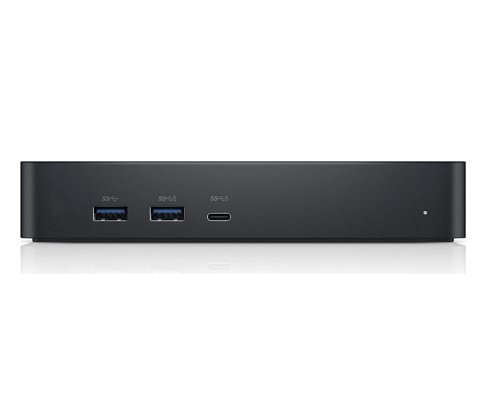 Schwarzes elektronisches Gerät mit zwei USB-A-Anschlüssen, einem USB-C-Anschluss und einer Status-LED auf der Vorderseite.