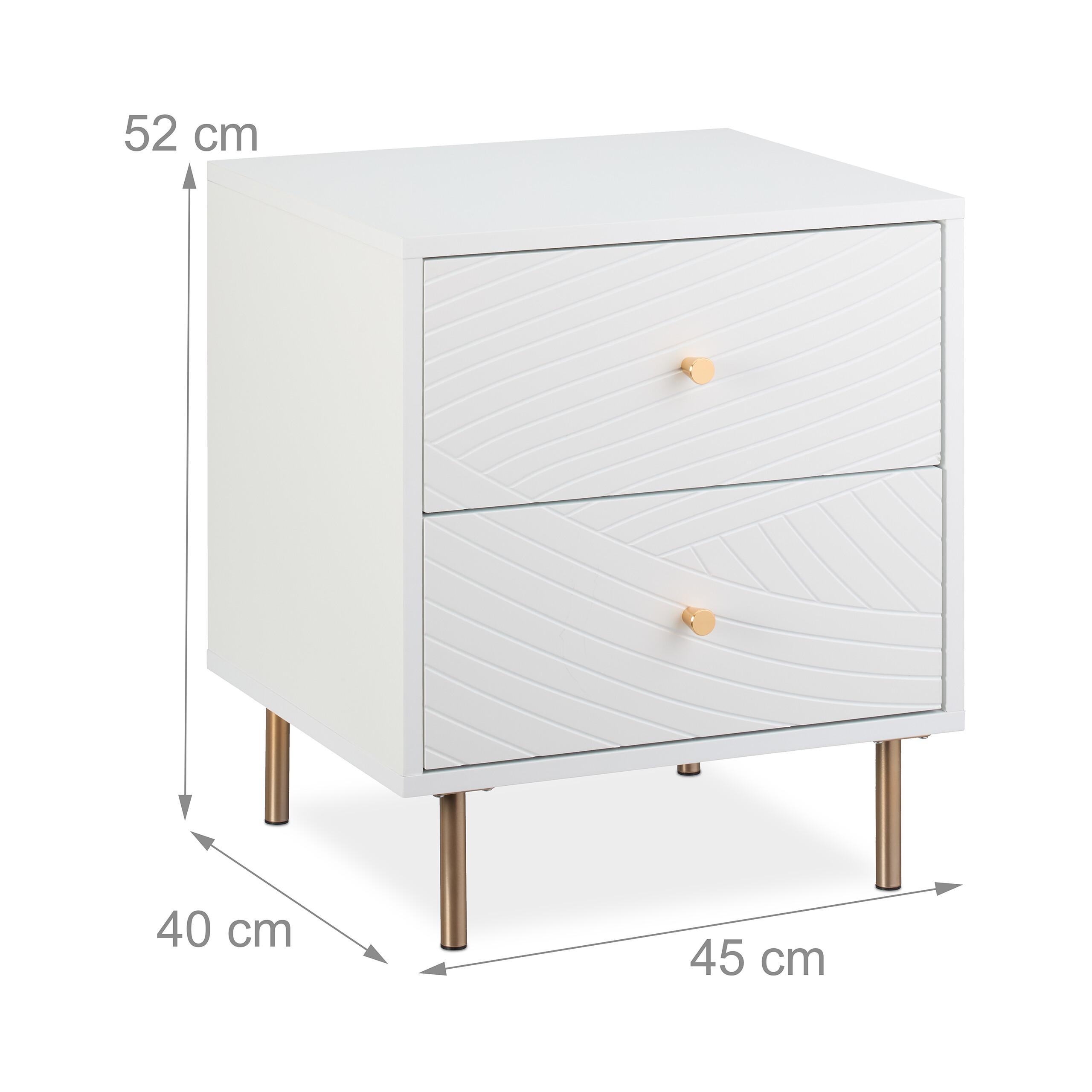 Ein weißer Nachttisch mit zwei Schubladen, goldenen Griffen und Beinen, 45 cm breit, 40 cm tief, 52 cm hoch.