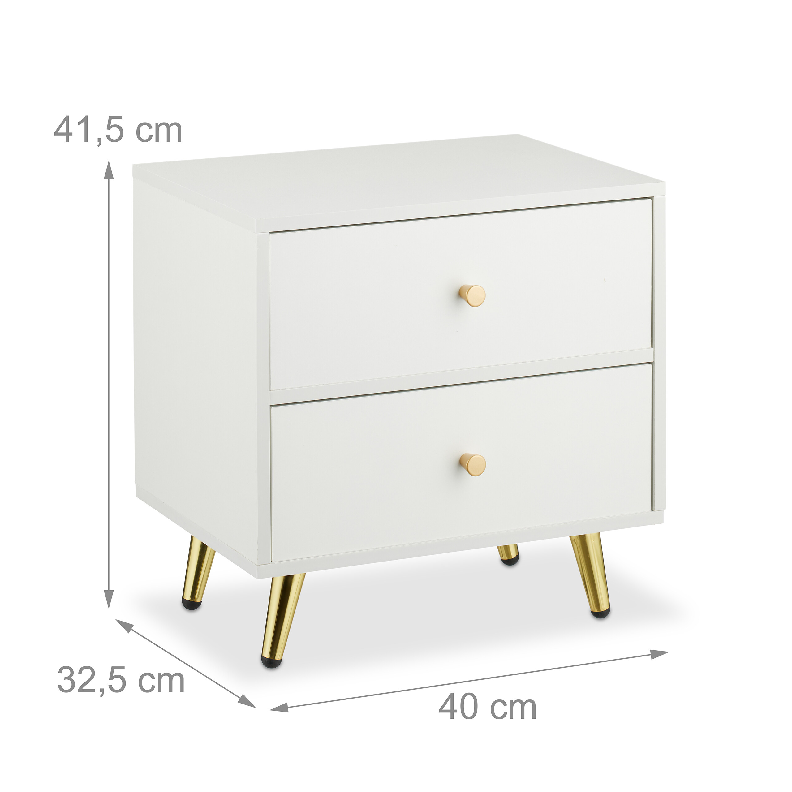 Weißer Nachttisch mit zwei Schubladen, Goldknöpfen und Goldbeinen, mit Maßen: 41,5 cm Höhe, 32,5 cm Tiefe, 40 cm Breite.