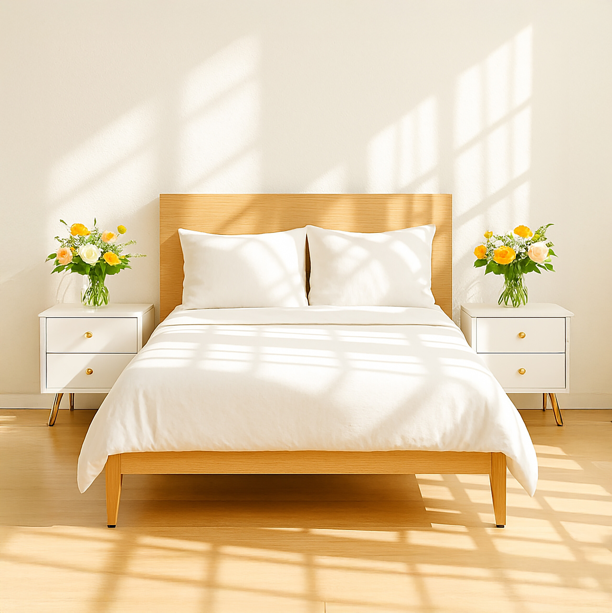 Ein weißes Bett aus Holz steht zentral in einem sonnigen Zimmer, flankiert von Nachtschränken mit Blumen.