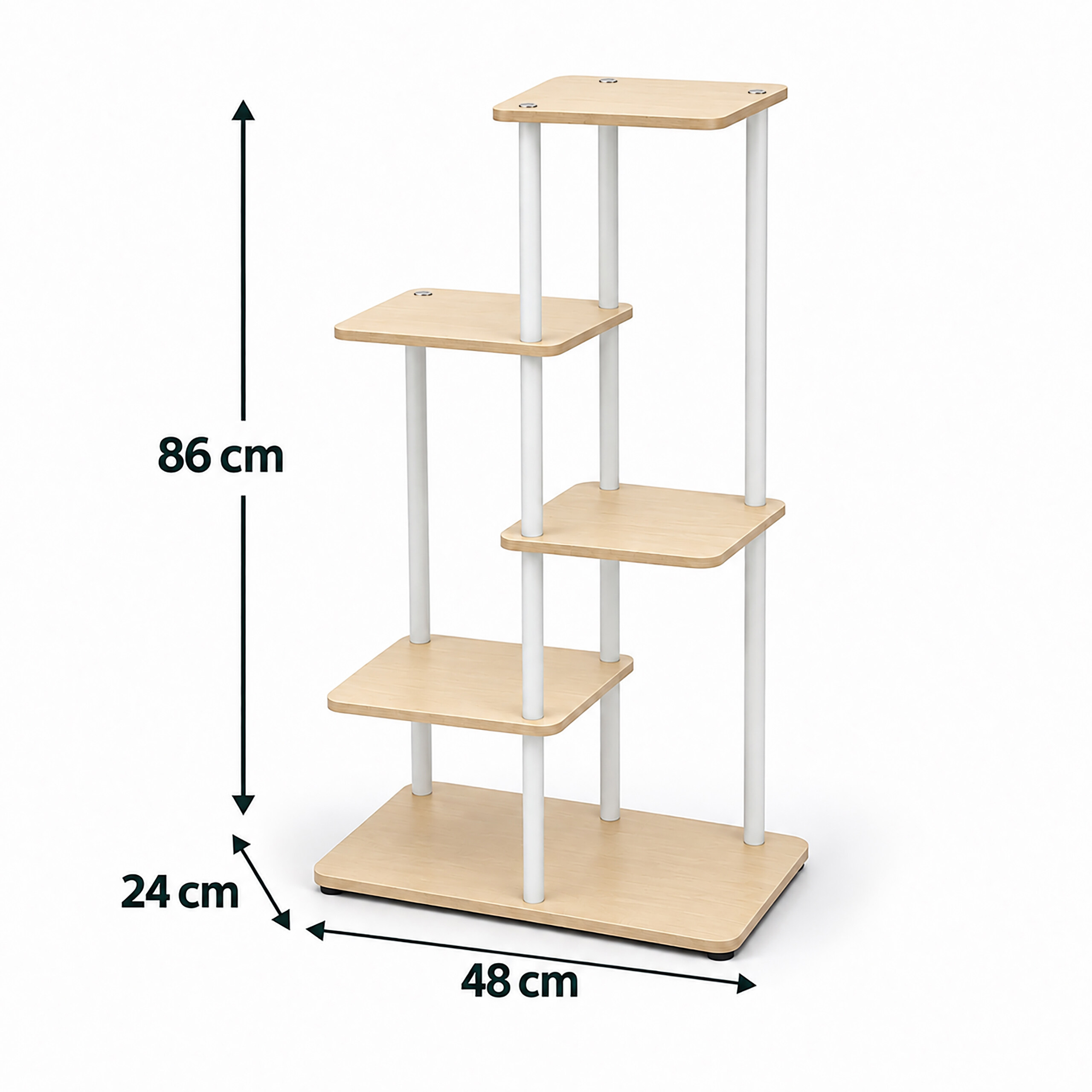 Mehrstufiges Holzregal mit weißen Säulen und Bemaßungen von 86x48x24 cm.
