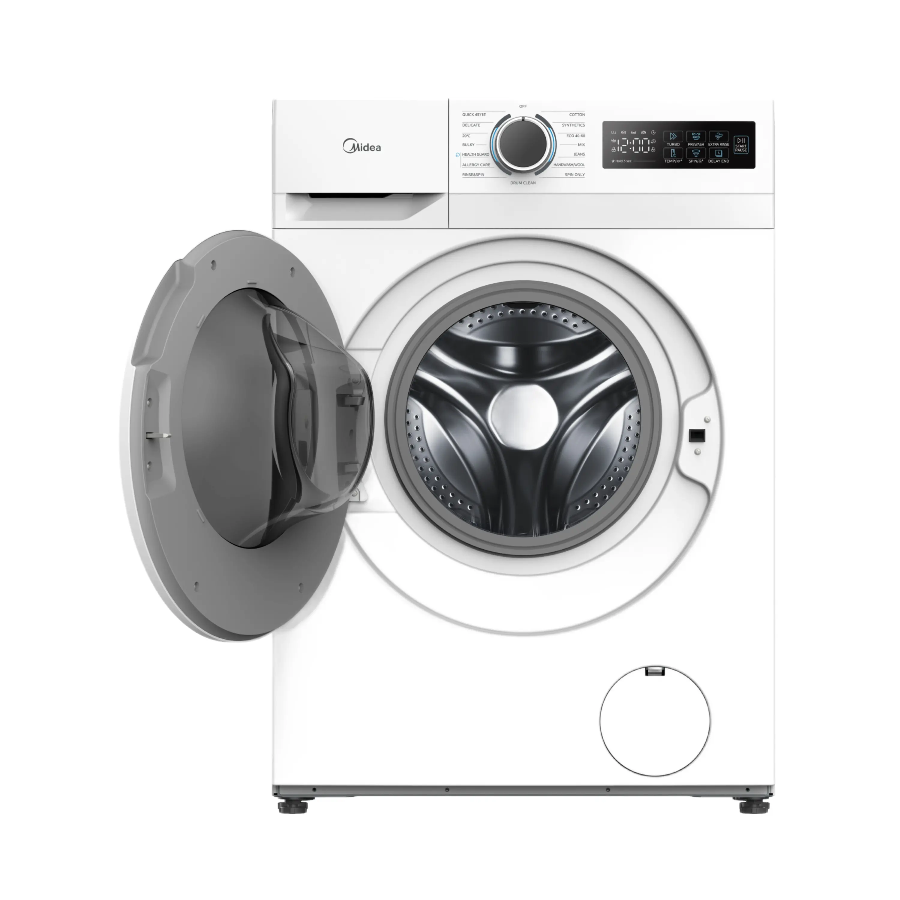 Una lavatrice a carica frontale Midea bianca con porta in vetro grigio aperta, display digitale e manopola.