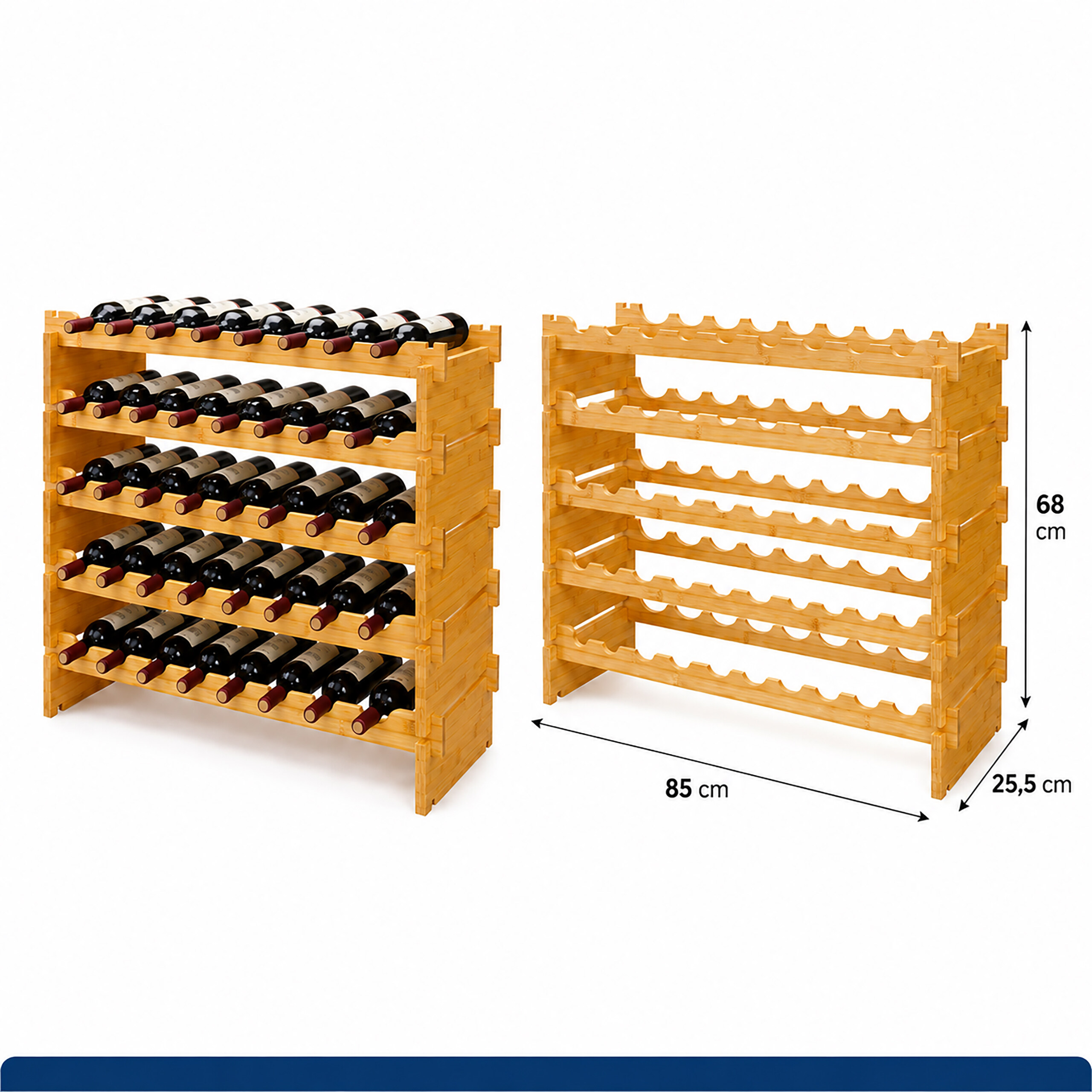Bambus-Weinregal mit Maßen 85x25,5x68 cm, einmal voll und einmal leer.
