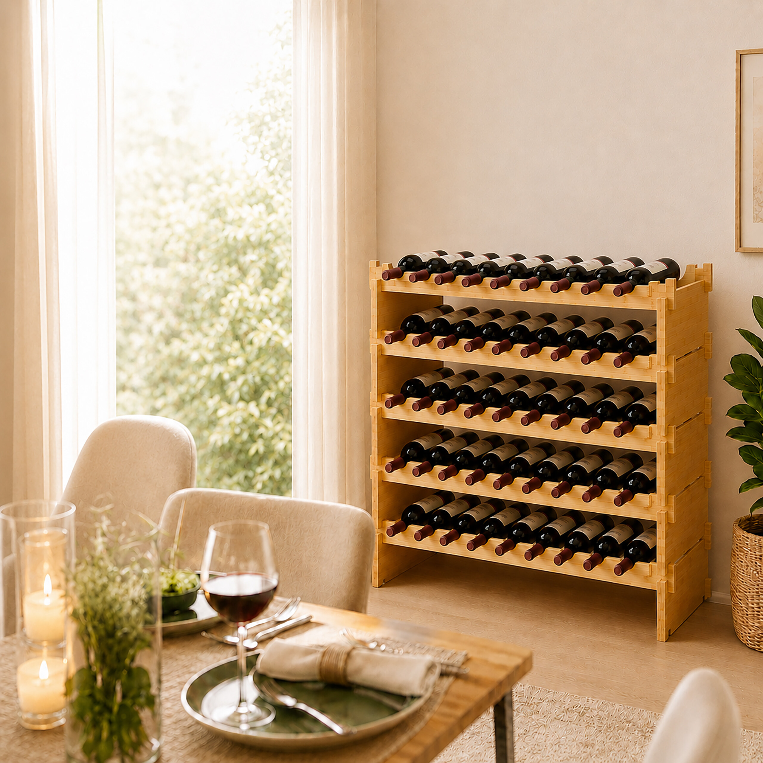 Ein hölzernes Weinregal mit vielen Flaschen steht in einem hellen Raum neben einem gedeckten Esstisch.