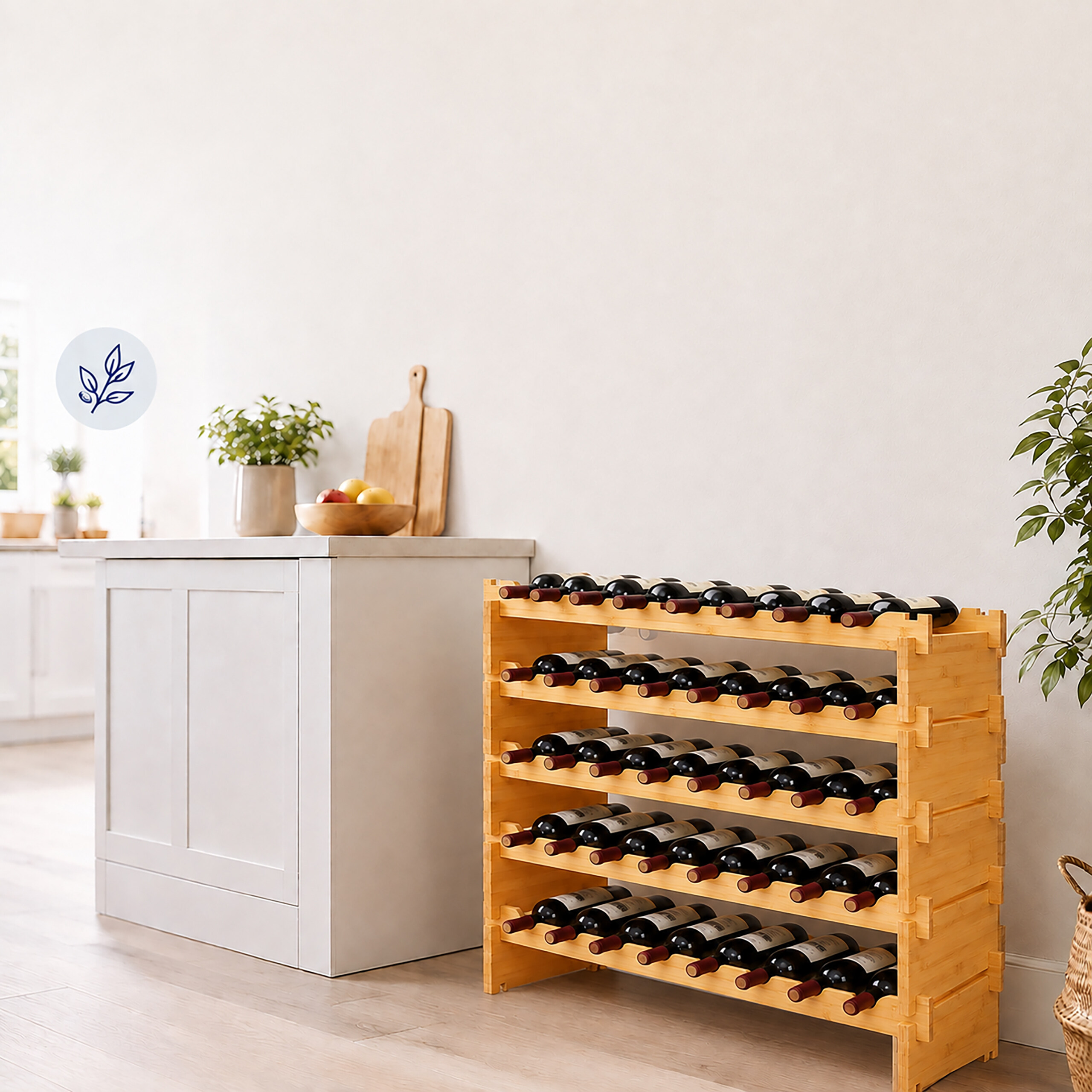 Ein hölzernes Weinregal mit mehreren Flaschen in einer hellen Küche neben einer weißen Kücheninsel.