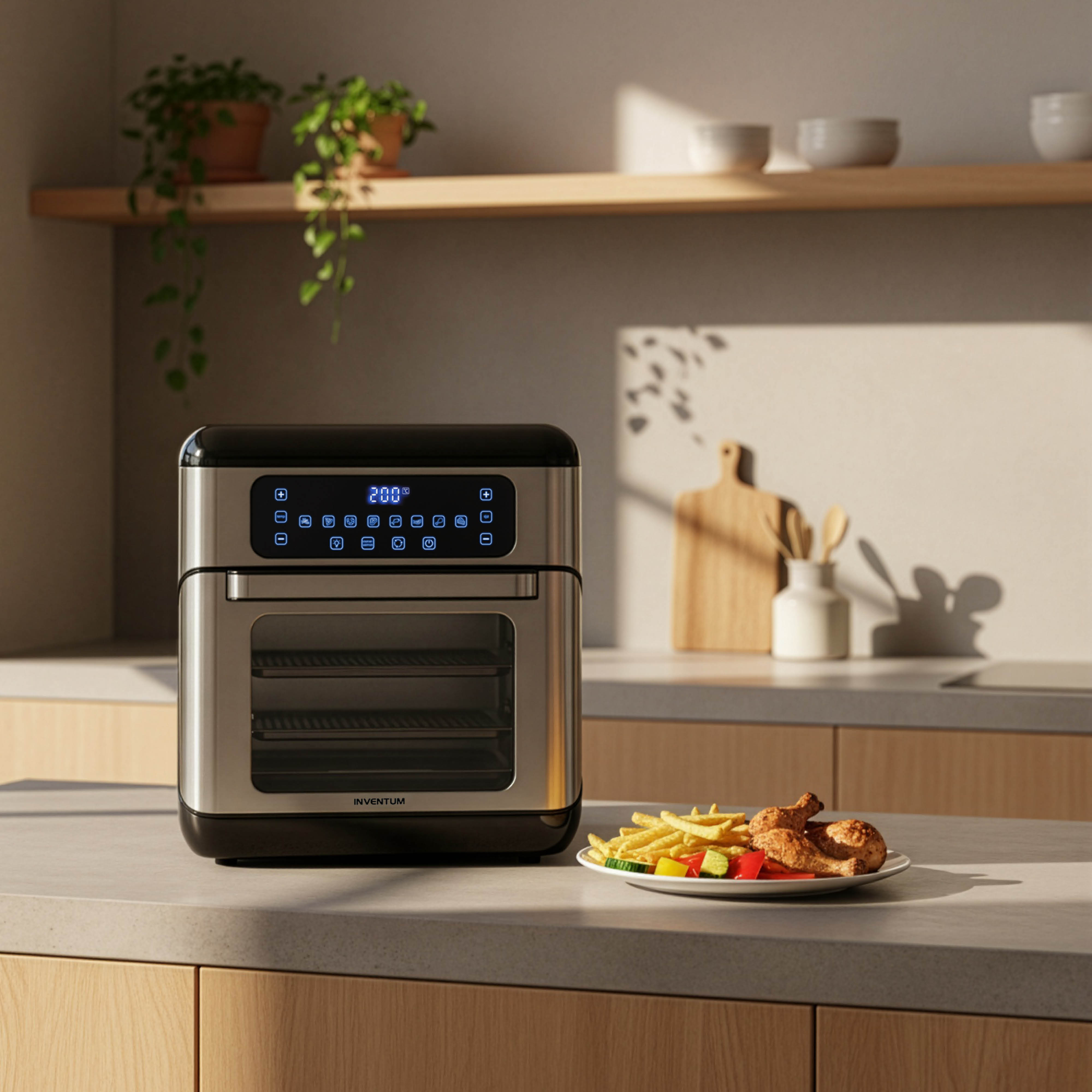 Stainless steel air fryer on kitchen counter next to a plate with fries and chicken.