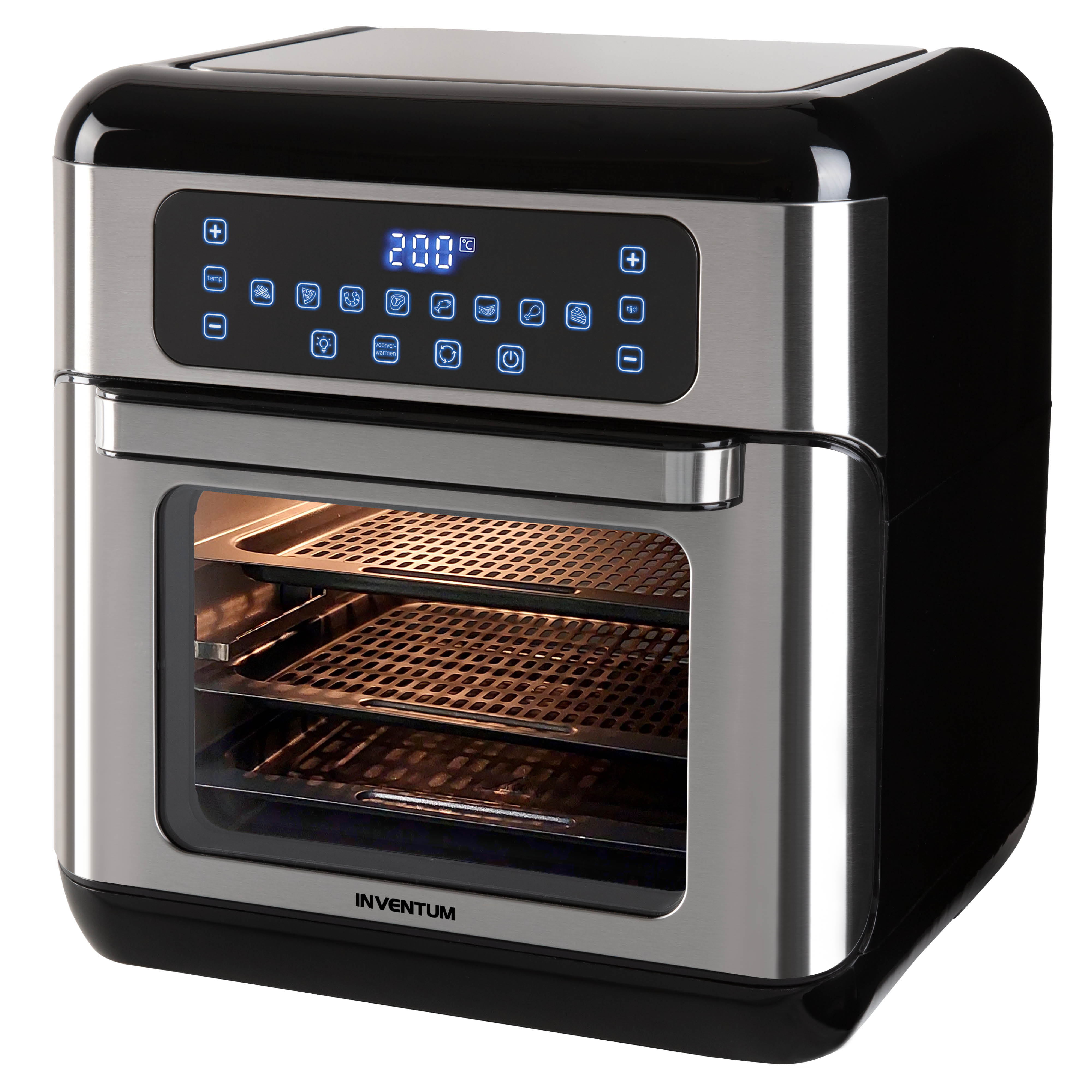 A black and silver air fryer oven with a digital touch control panel and an illuminated interior containing three mesh trays.