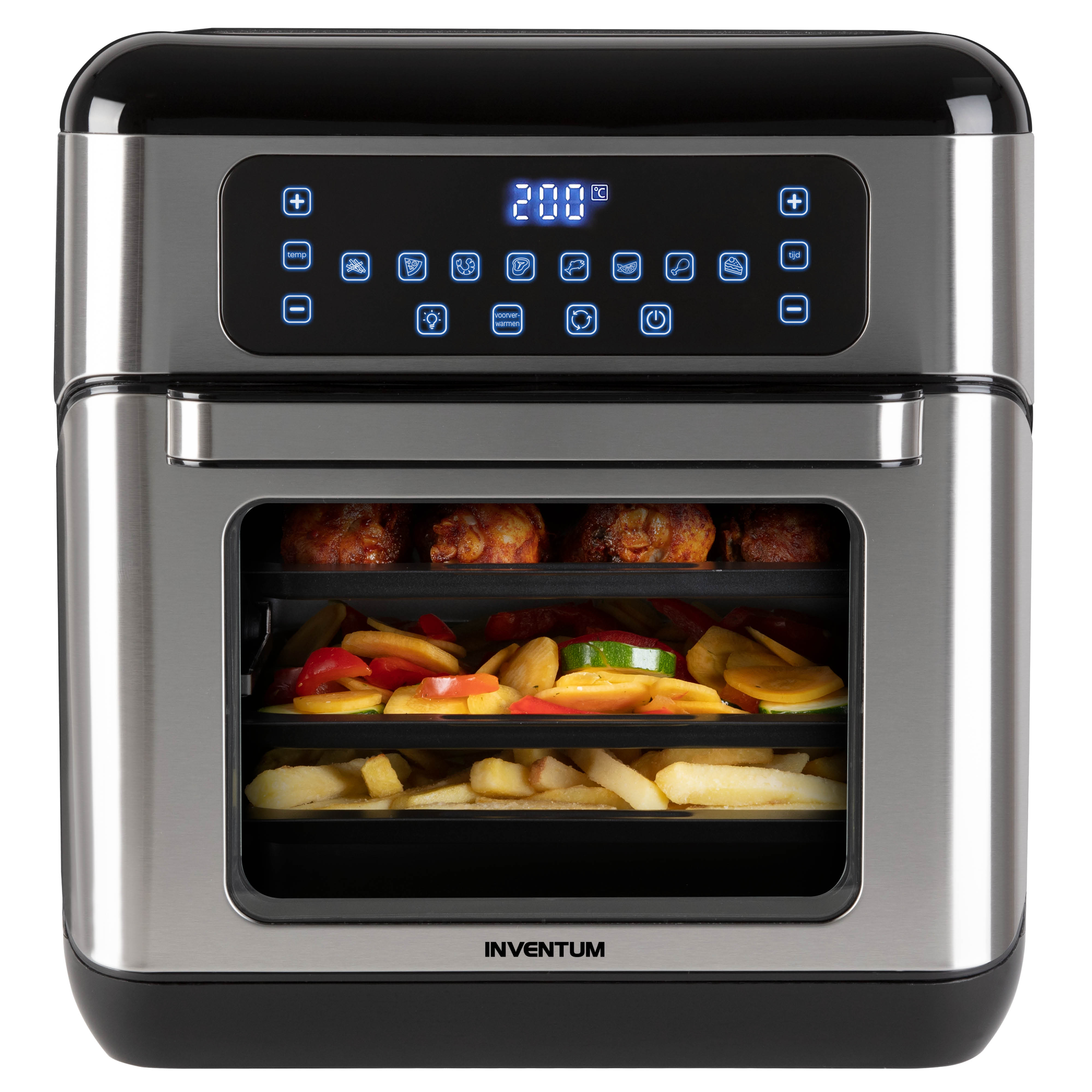 Silver air fryer with a digital display and three tiers containing fries, vegetables, and meat.