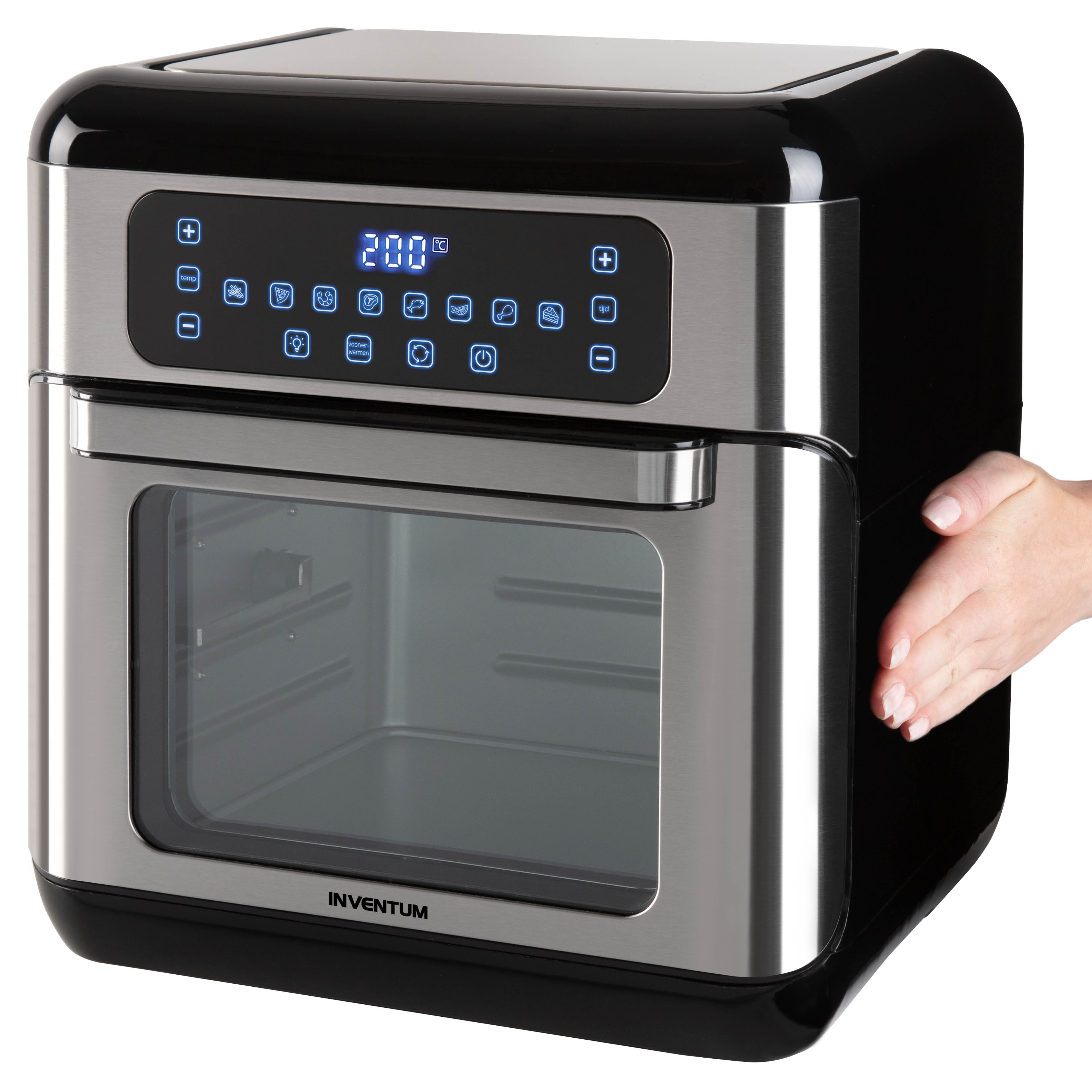 Black and stainless steel Inventum air fryer with digital touch display and glass door, held from the side.