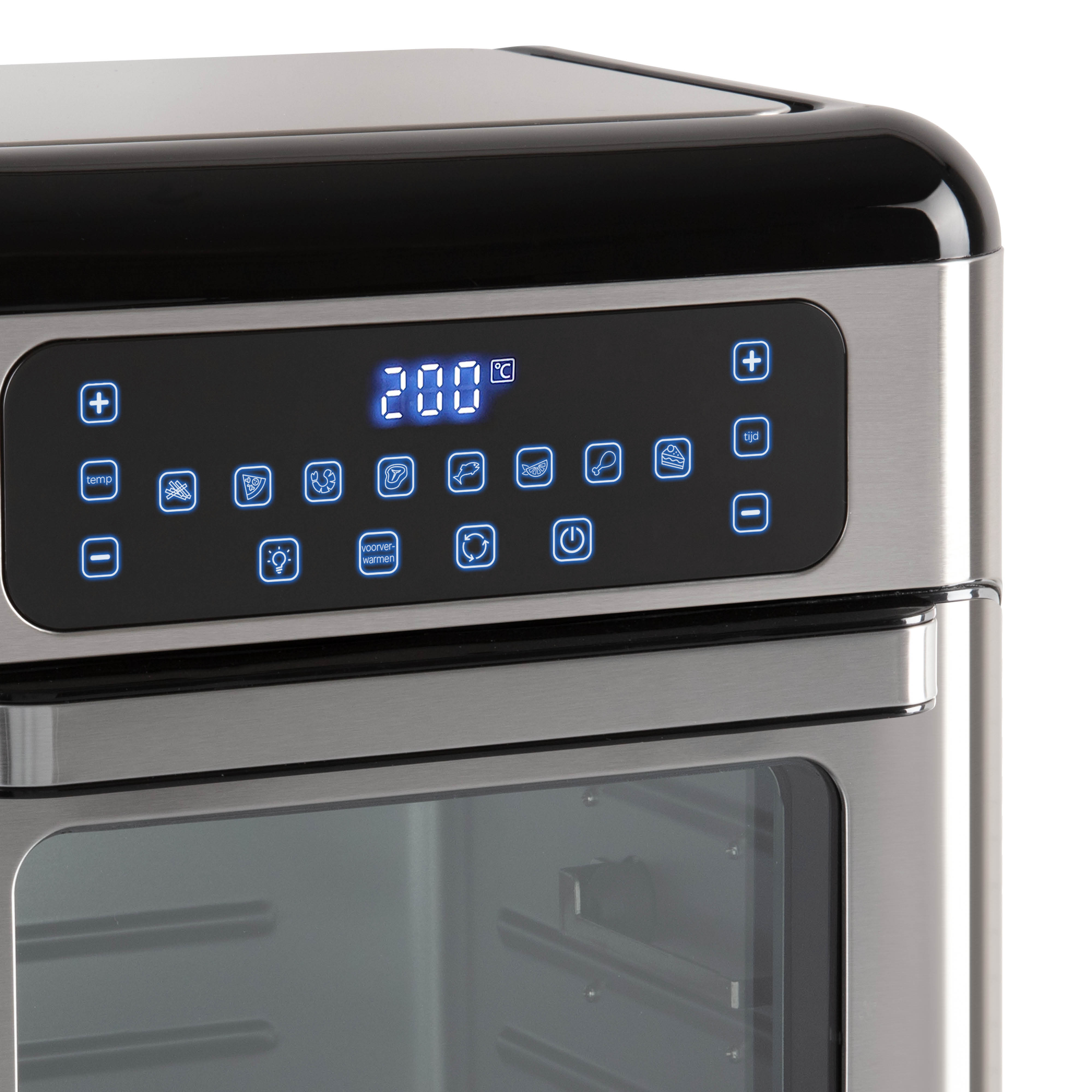 Close-up of a modern air fryer control panel with lit blue buttons and digital temperature display set to 200°C.