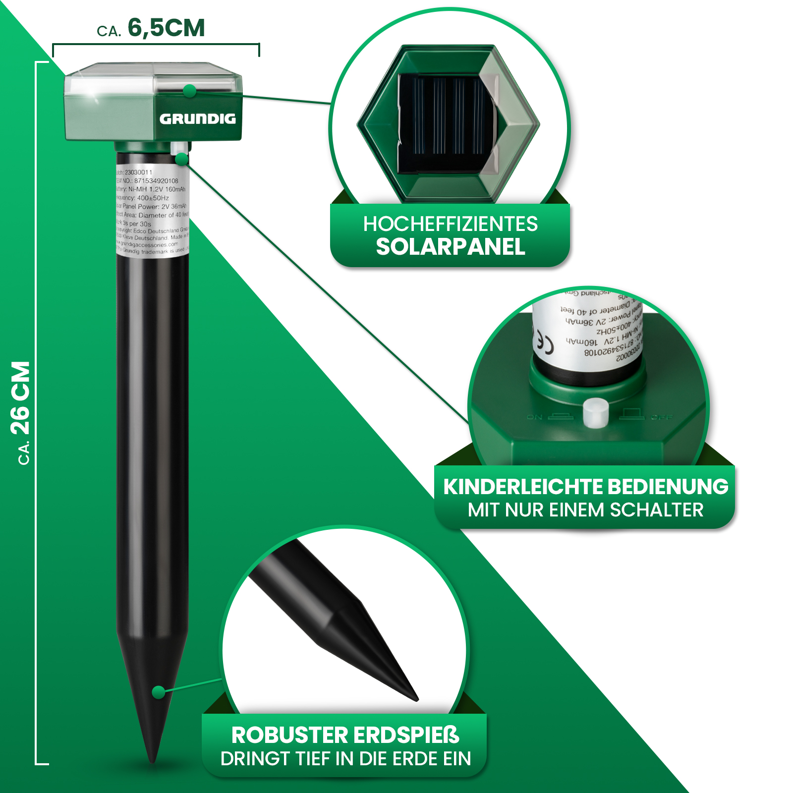 Gruendig Solar-Maulwurfschreck mit Abmessungen, Solarpanel, Ein-/Ausschalter und stabilem Erdspieß.