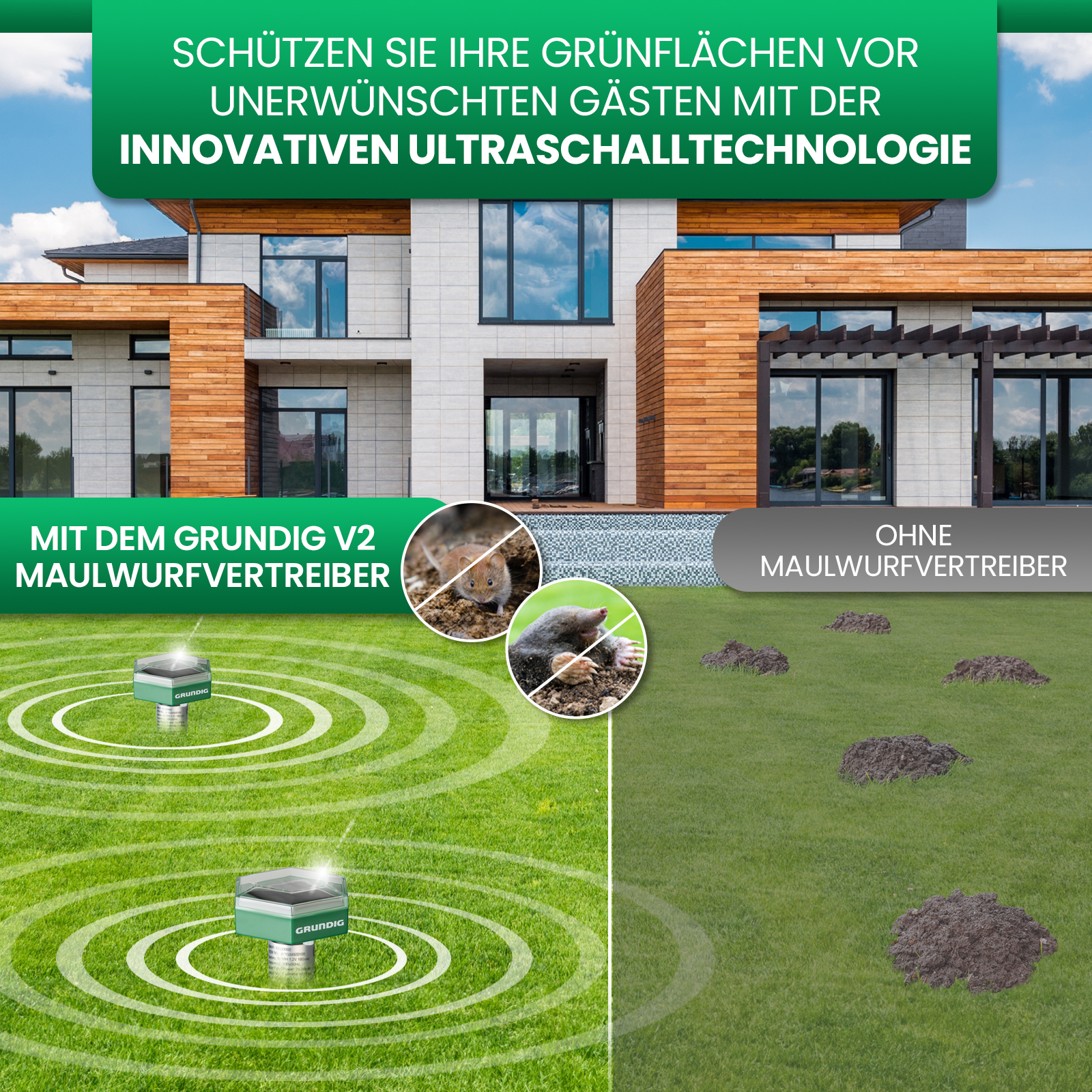 Vergleich zweier Rasenflächen vor modernem Haus: links mit Ultraschall-Maulwurfvertreiber, rechts ungepflegt mit Haufen.