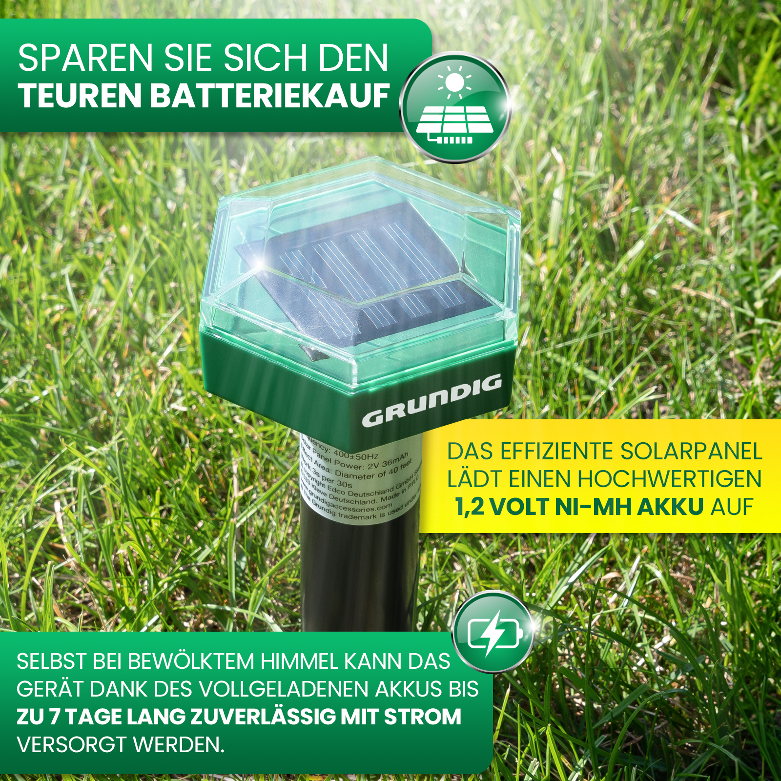 Gruendig Solarlampe im Gras mit Solarpanel und Text.