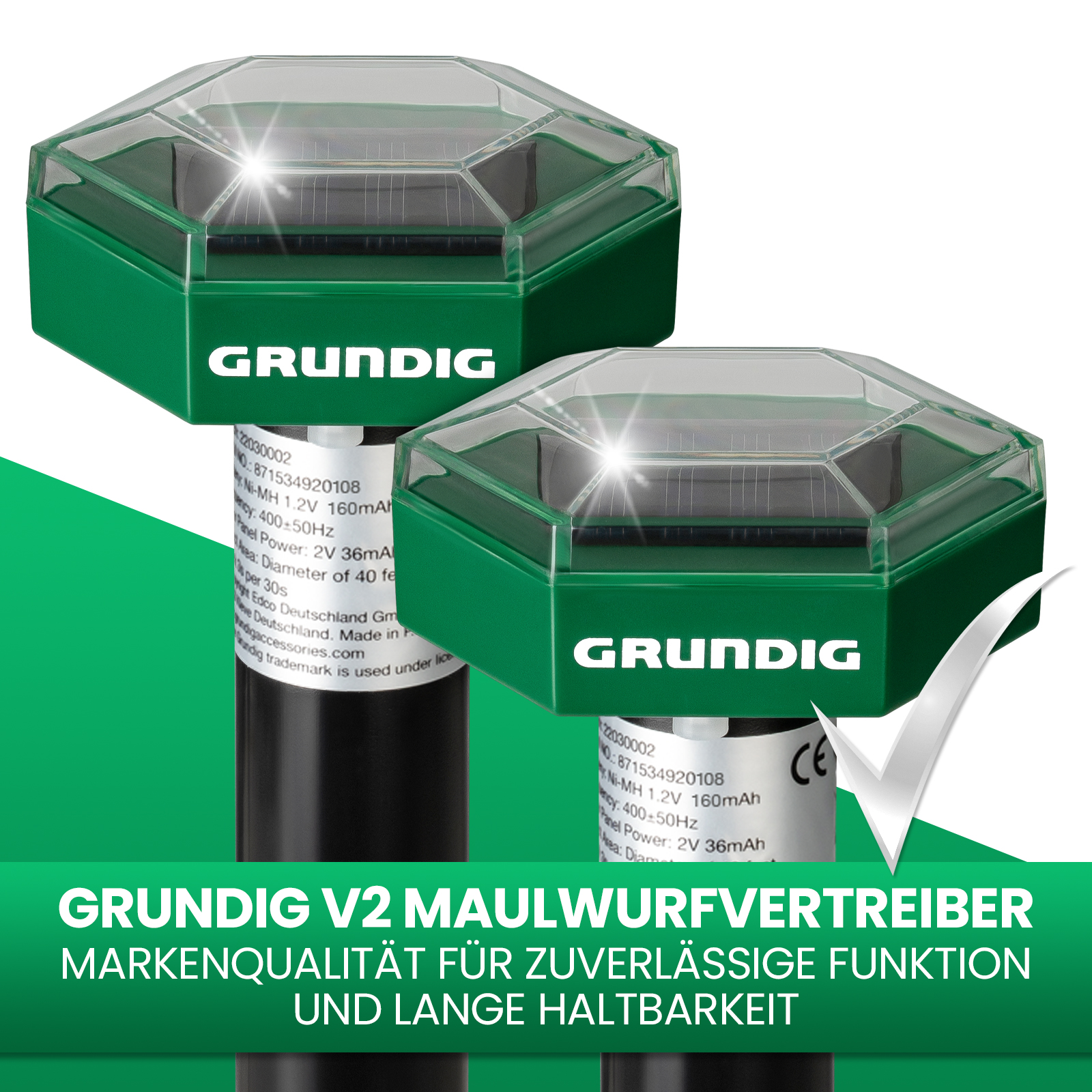 Zwei grüne Grundig Solarmaulwurfvertreiber mit Solarpanel und Textbanner auf grünem Hintergrund.