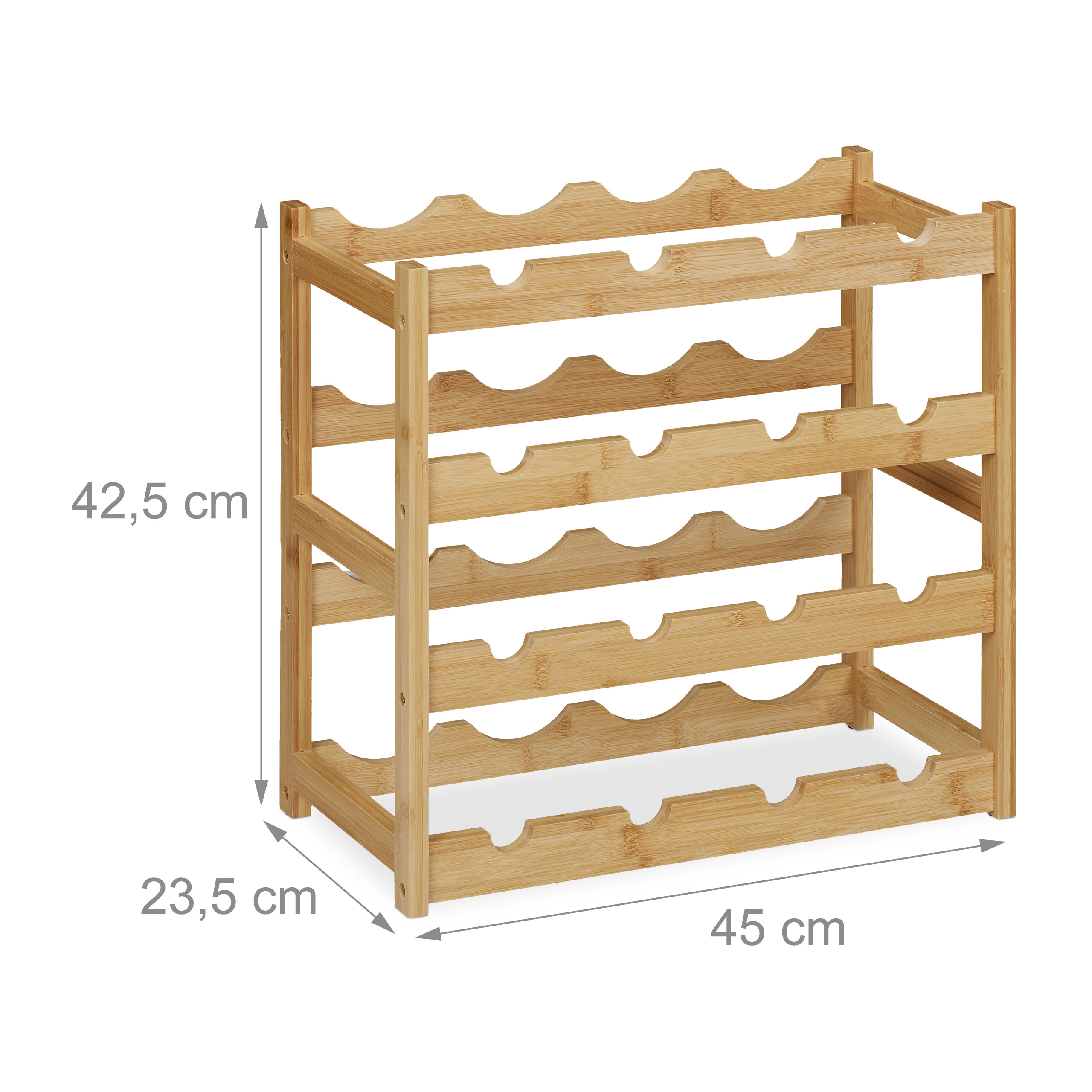 Bambus-Weingestell mit vier Ebenen und Maßen von 42,5 x 23,5 x 45 cm auf weißem Hintergrund.