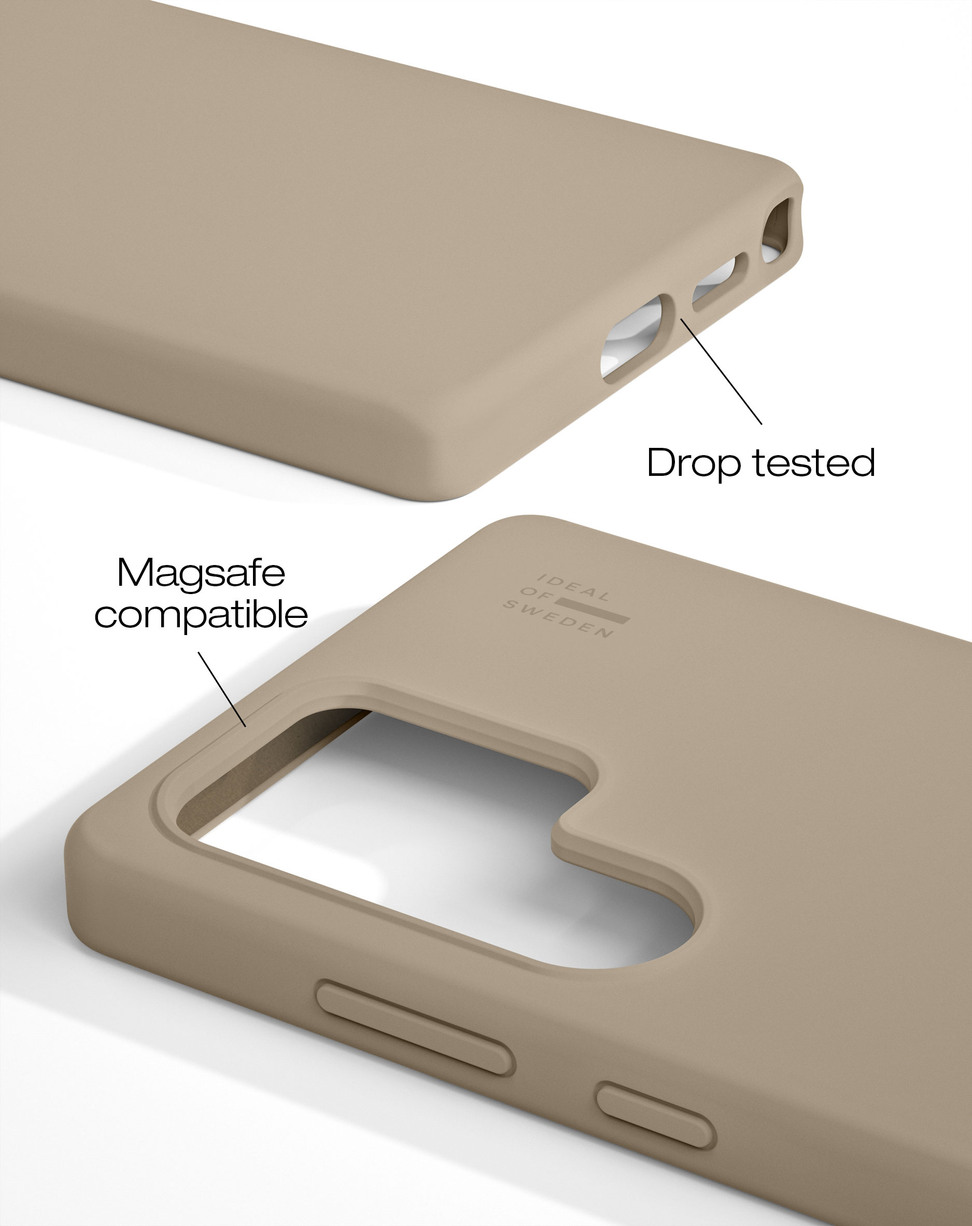 Beigefarbene Handyhülle mit Ausschnitten für Kamera und Anschlüsse, gekennzeichnet als MagSafe-kompatibel und sturzgetestet.