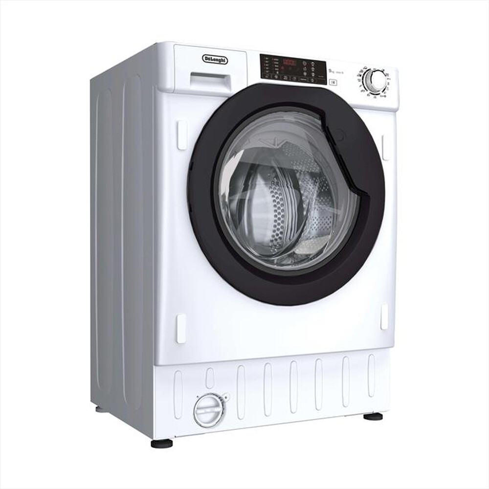 Una lavatrice bianca DeLonghi con oblò nero, display digitale e manopola su sfondo bianco.