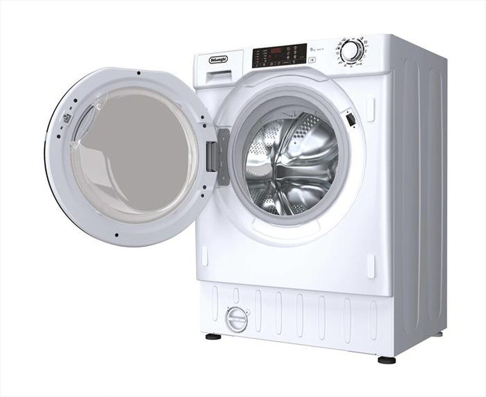 Una lavatrice bianca DeLonghi con sportello aperto e cestello in acciaio inox visibile, su sfondo bianco.