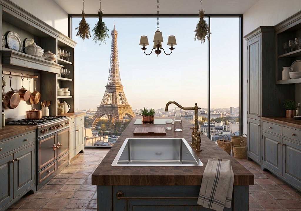 Una cucina elegante con piani di lavoro in legno, lavello e una grande finestra con vista sulla Torre Eiffel.