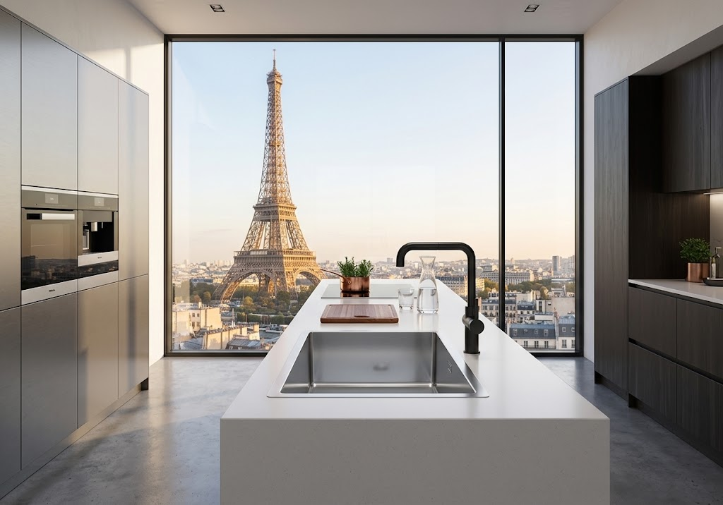 Una cucina moderna con un'ampia finestra che si affaccia sulla Torre Eiffel.