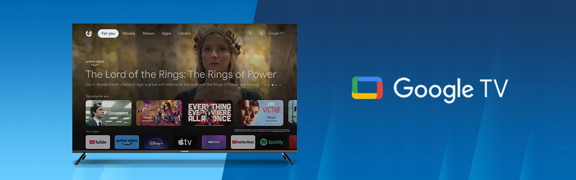 Interfejs Google TV na nowoczesnym ekranie telewizora z ikonami aplikacji streamingowych i rekomendacjami.