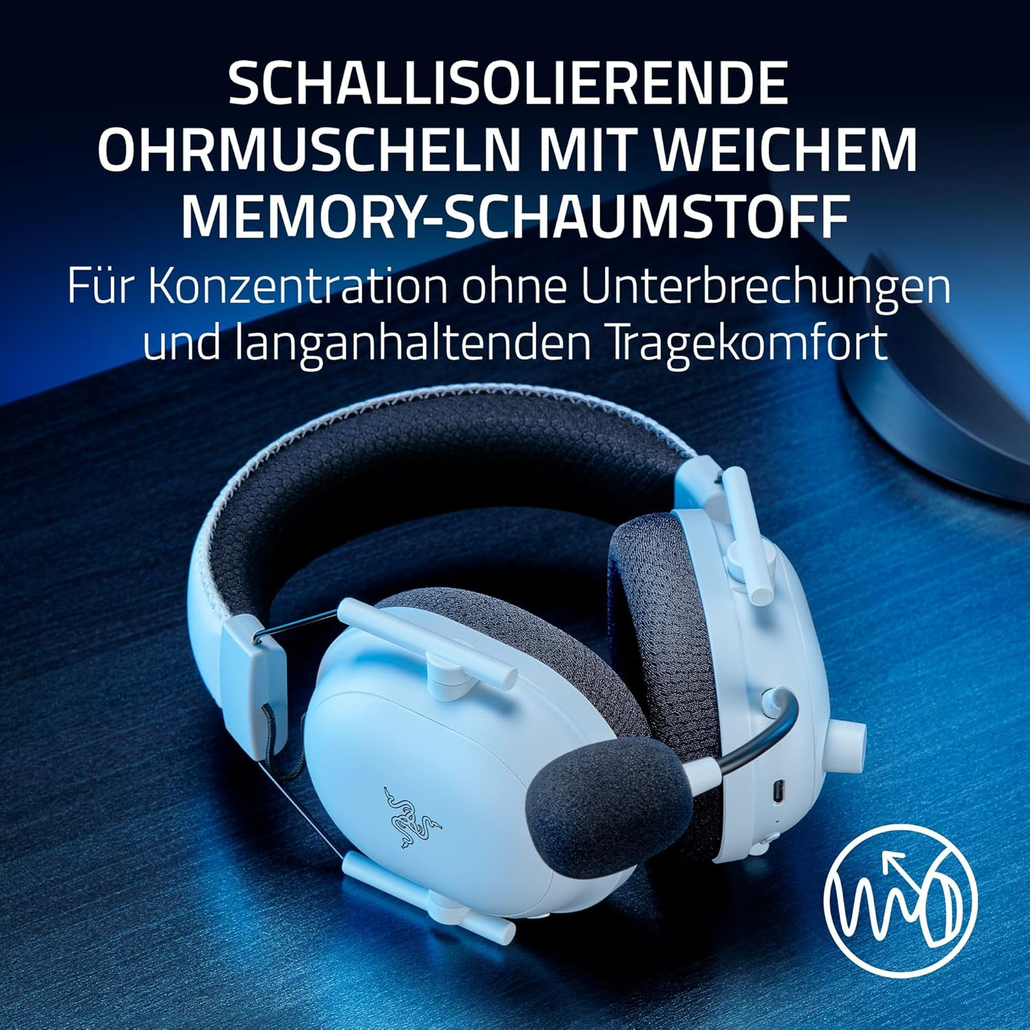 Casque de jeu blanc avec micro sur table bleue sous texte de fonctionnalités.