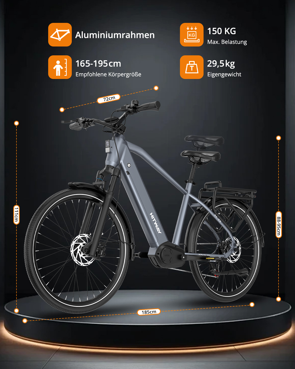 Graues E-Bike auf dunkler Bühne mit Maßlinien und orangen Spezifikations-Icons.
