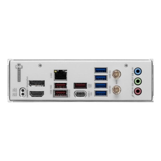 Pannello I/O posteriore di scheda madre con porte USB, HDMI, DisplayPort, Ethernet, Wi-Fi e jack audio.