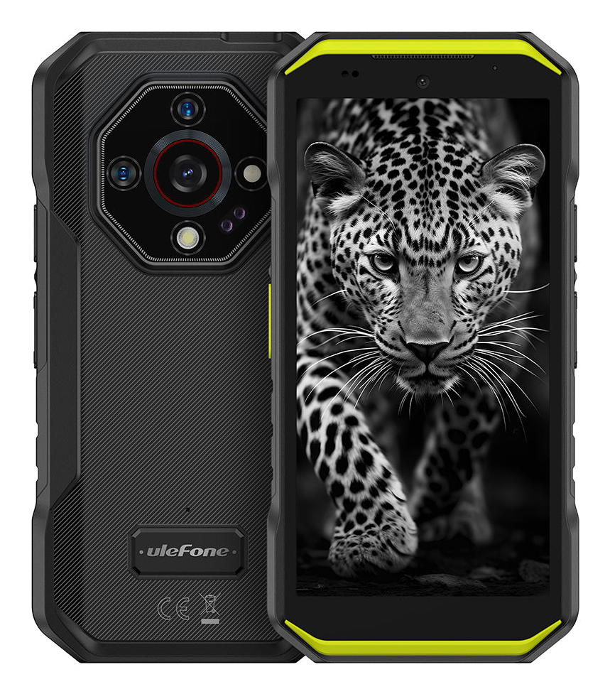 Robustes schwarzes Smartphone mit gelbem Akzent, Leoparden-Hintergrundbild und Multilinser-Kamera auf der Rückseite.
