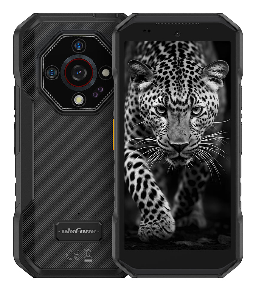 Robustes schwarzes Ulefone-Smartphone mit Leoparden-Hintergrundbild und runder Multikamera.