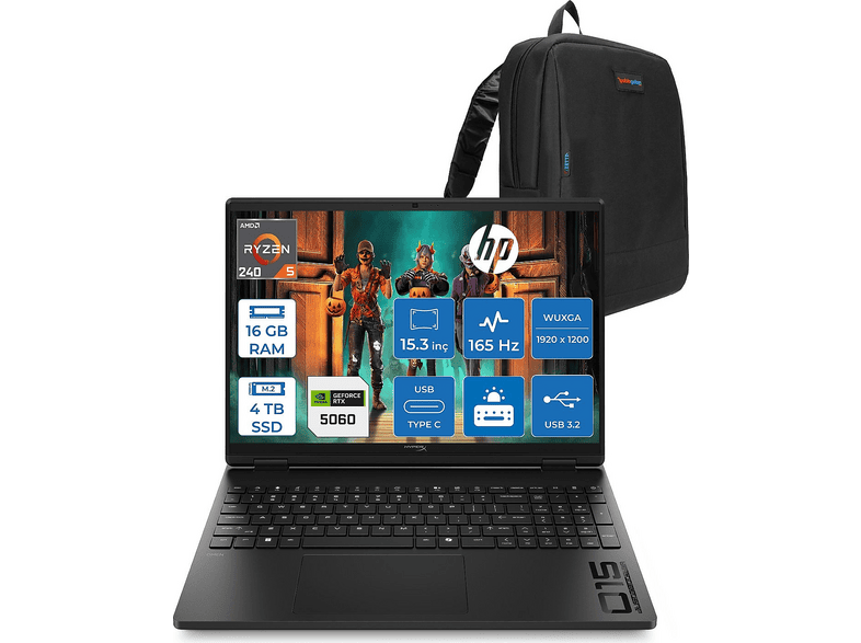 HP Hyperx Omen 15 DDR5 8 GB/RTX5060 HOD2QW3EAF04 AMD Ryzen 5 240 16 GB RAM 4 TB SSD 15,3 inç FreeDOS Laptop+Çanta Gölge Siyahı